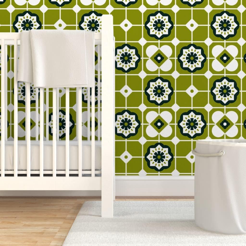 Spoonflower Peel & Stick Wallpaper 3ft x 2ft - Mid Century Modern Tiles Green Vintage Retro Geometric Custom Removable Wallpaper