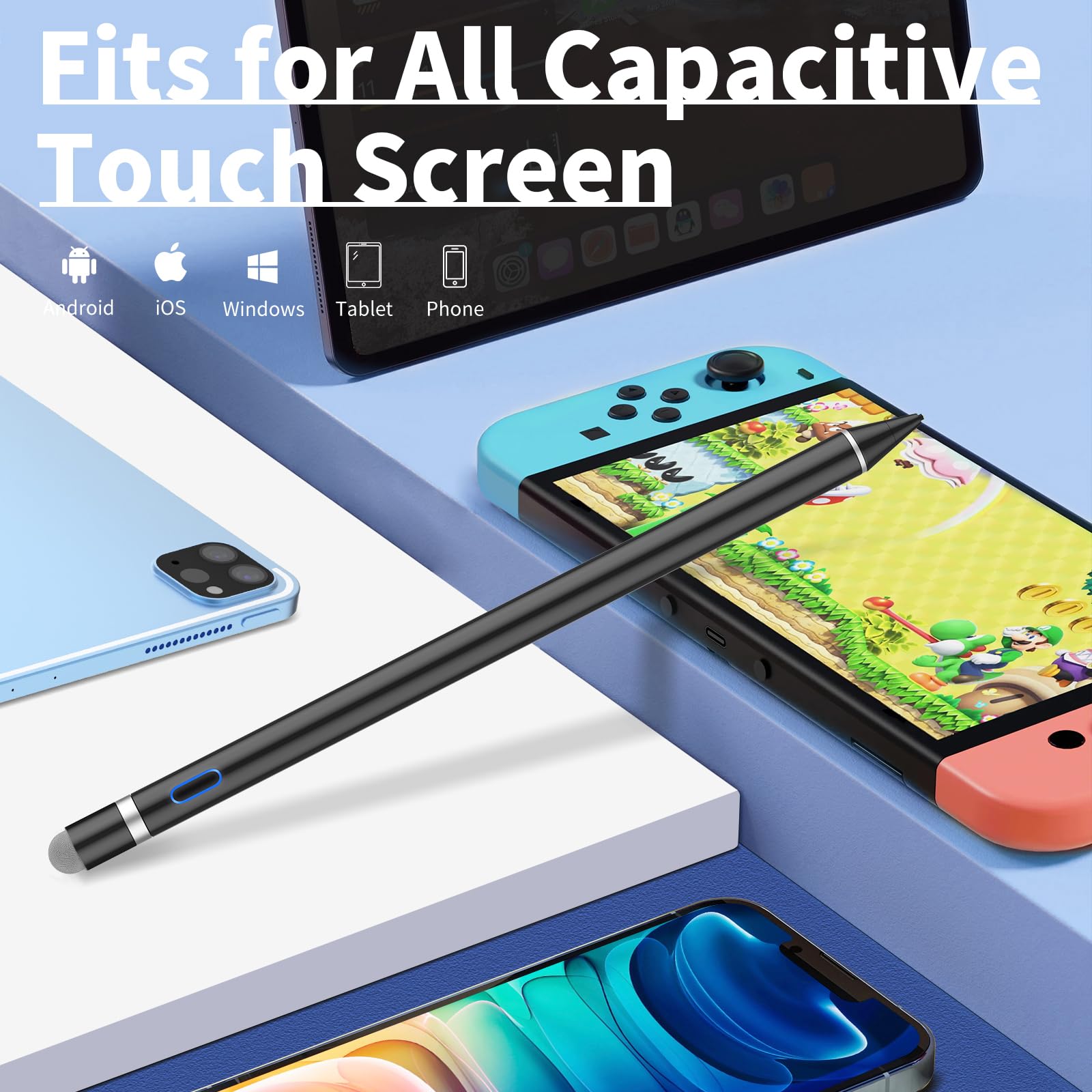 Lápiz capacitivo digital para pantallas táctiles, lápiz activo de punta fina compatible con iPhone, iPad y otras tabletas para dibujar y escribir a mano (negro)