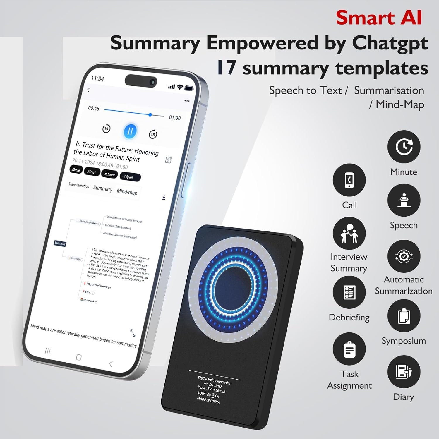 EVISTR AI Voice Recorder app showing 17 summary templates and speech-to-text features