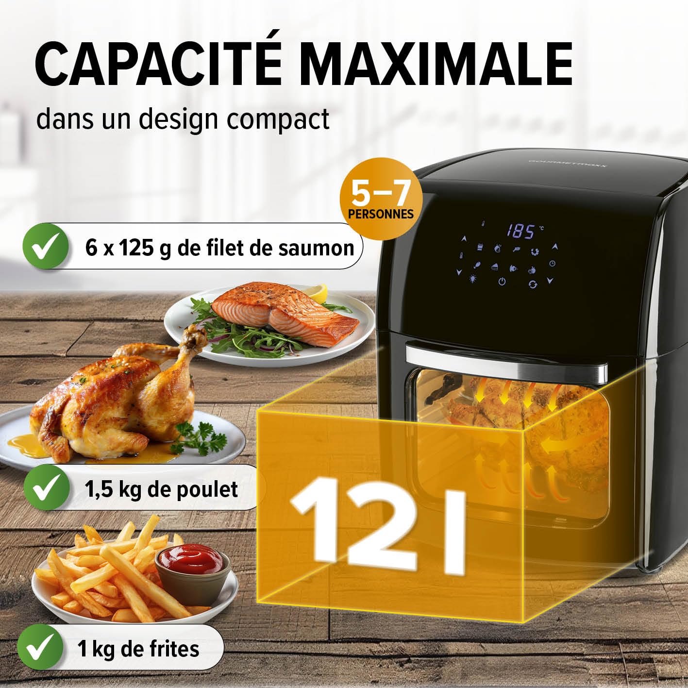 GOURMETmaxx Friteuse à air chaud numérique XL 12 litres | Préparation particulièrement pauvre en graisse et douce | Fonction minuterie pour une cuisson précise et un arrêt automatique, 9 programmes