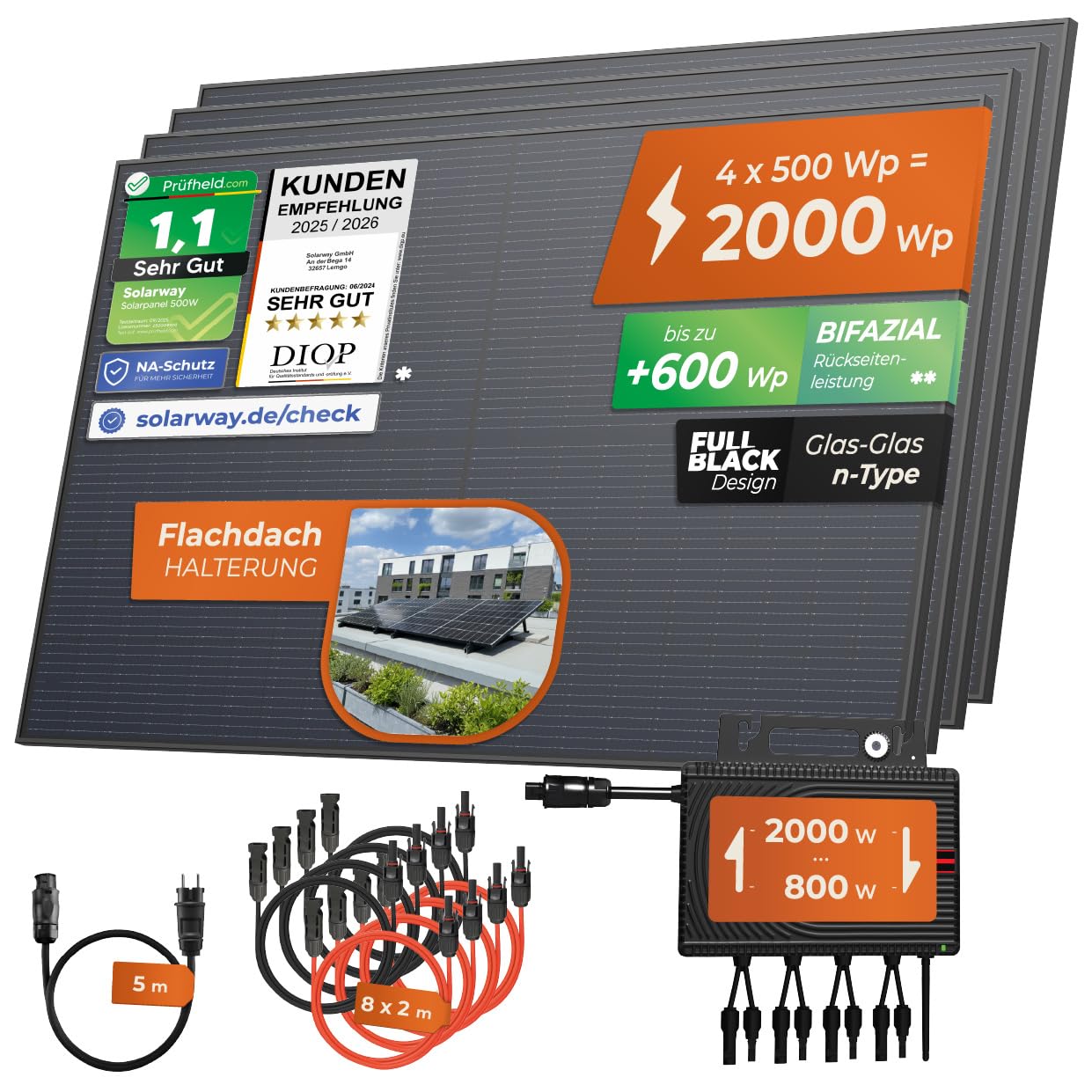 Solarway® Balkonkraftwerk 2000W komplett Steckdose - neuester 2000W Wechselrichter - Solaranlage Komplettset - 500W Solarmodule & Envertech & Zubehör