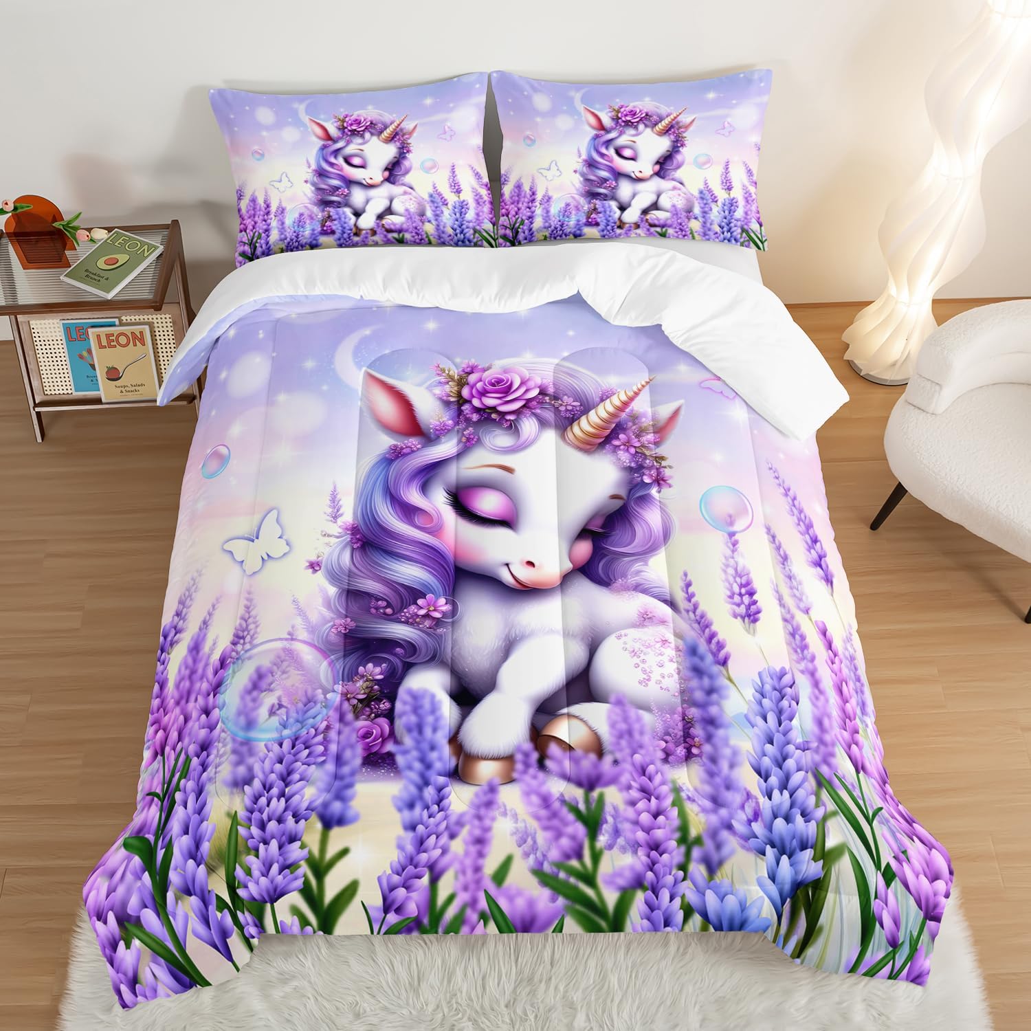 Cartoon Unicorn Bedding Twin Size for Toddler Girls Room Decor,Lavender Flash Kids Comforter Sets with 2 Pillowcases.