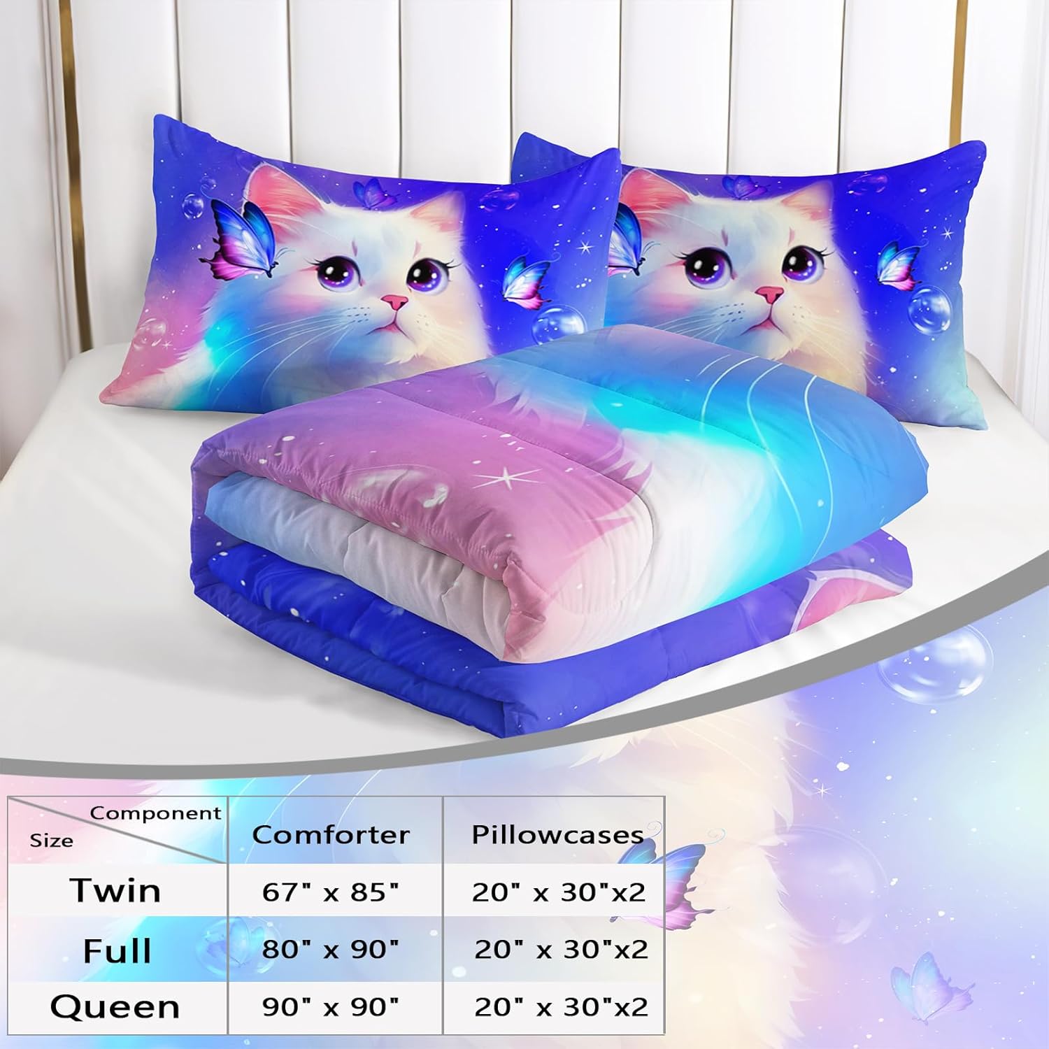 AILONEN Kids Cat Comforter Set - Twin Size, Cute White Cat Bedding Set for Girls and Boys, Purple Tint Duvet Set, 3 Pieces - 1 Quilt and 2 Pillowcases
