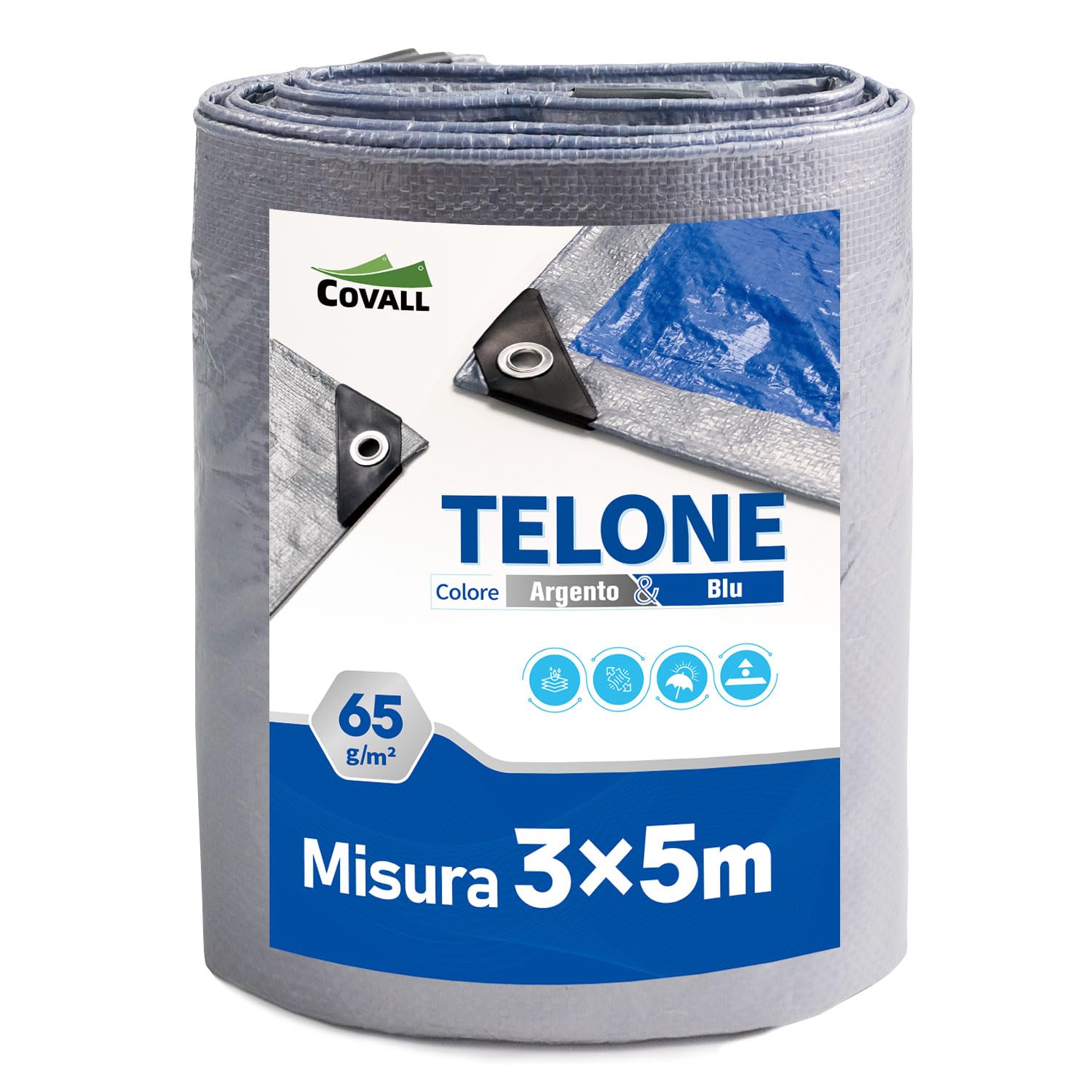 Telone Occhiellato Leggero Argento/Blu Antistrappo Impermeabile Antivento e Resistente ai Raggi UV per Auto,Camion,RV,Casa,Tenda,Barca,Piscina Telo 65g/m² （3x5）