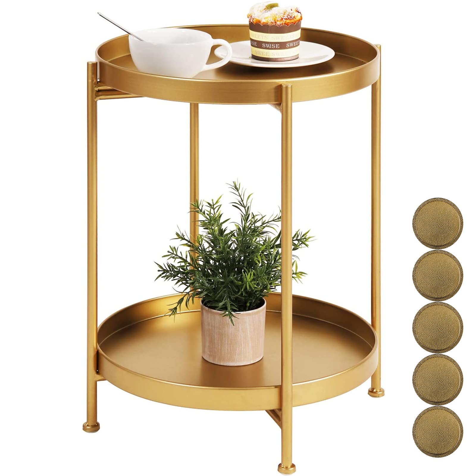 IS MUHE 2 Tier Round Side Table, 15.7 Inch Folding Coffee Table with Removable Tray, Outdoor Side Table Small Accent Table, Bedroom Balcony Patio Nightstand (GOLDEN)