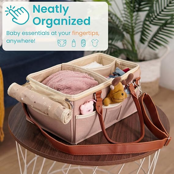 Diaper Caddy Organizer With Lid, Travel Essential, Newborn Must Haves, Car Caddy, Shower Gifts for Girls and Boys, Baby Bag and Stuff (Brown)
