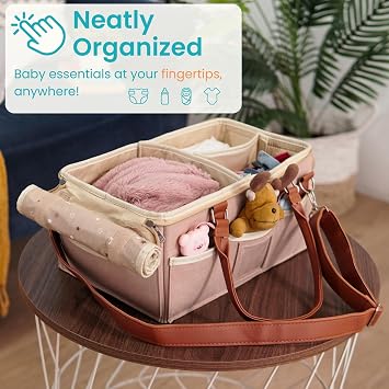 Diaper Caddy Organizer With Lid, Travel Essential, Newborn Must Haves, Car Caddy, Shower Gifts for Girls and Boys, Baby Bag and Stuff (Brown)