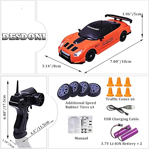 Miniatura 6 de Auto de control remoto RC Drift Car 2.4GHz escala 124 4WD 15KMH Modelo de vehículo de alta velocidad con luces LED Drifting Tire Racing Sport Toy