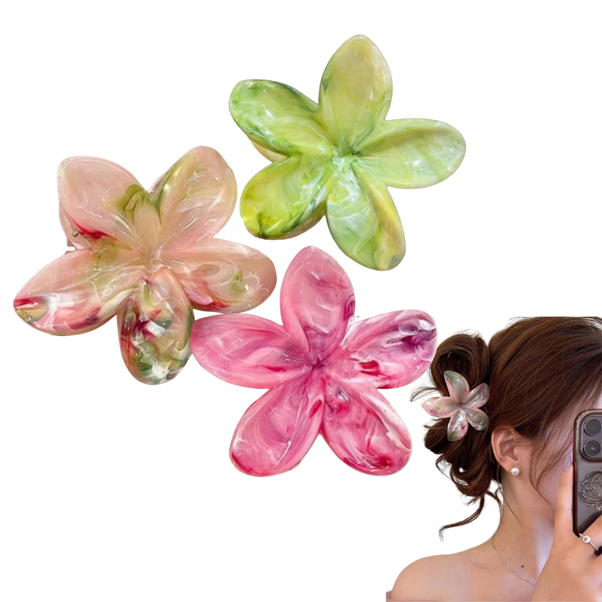 Set of 3 Large Hawaiian Flower Hair Clips 3 Colours, Pink, Pale Pink and Green Bohemian Chic Hair Accessories for Women