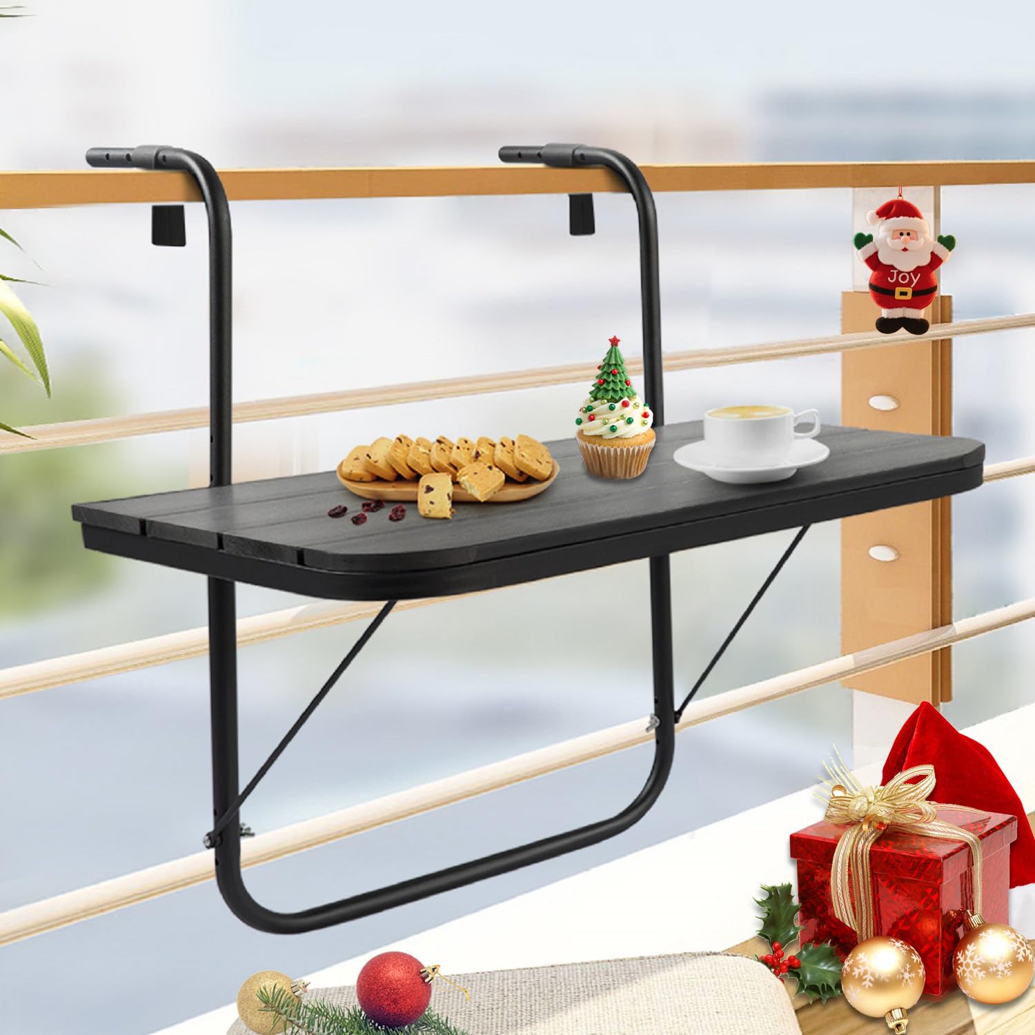 Balcony Table Hanging Deck Railing Table Outdoor Balcony Bar Tables for Railings Aluminium Folding Adjustable for Patio Deck Garden Baluster Windows 23.6" x 15.7", All Weather Space Saving Black