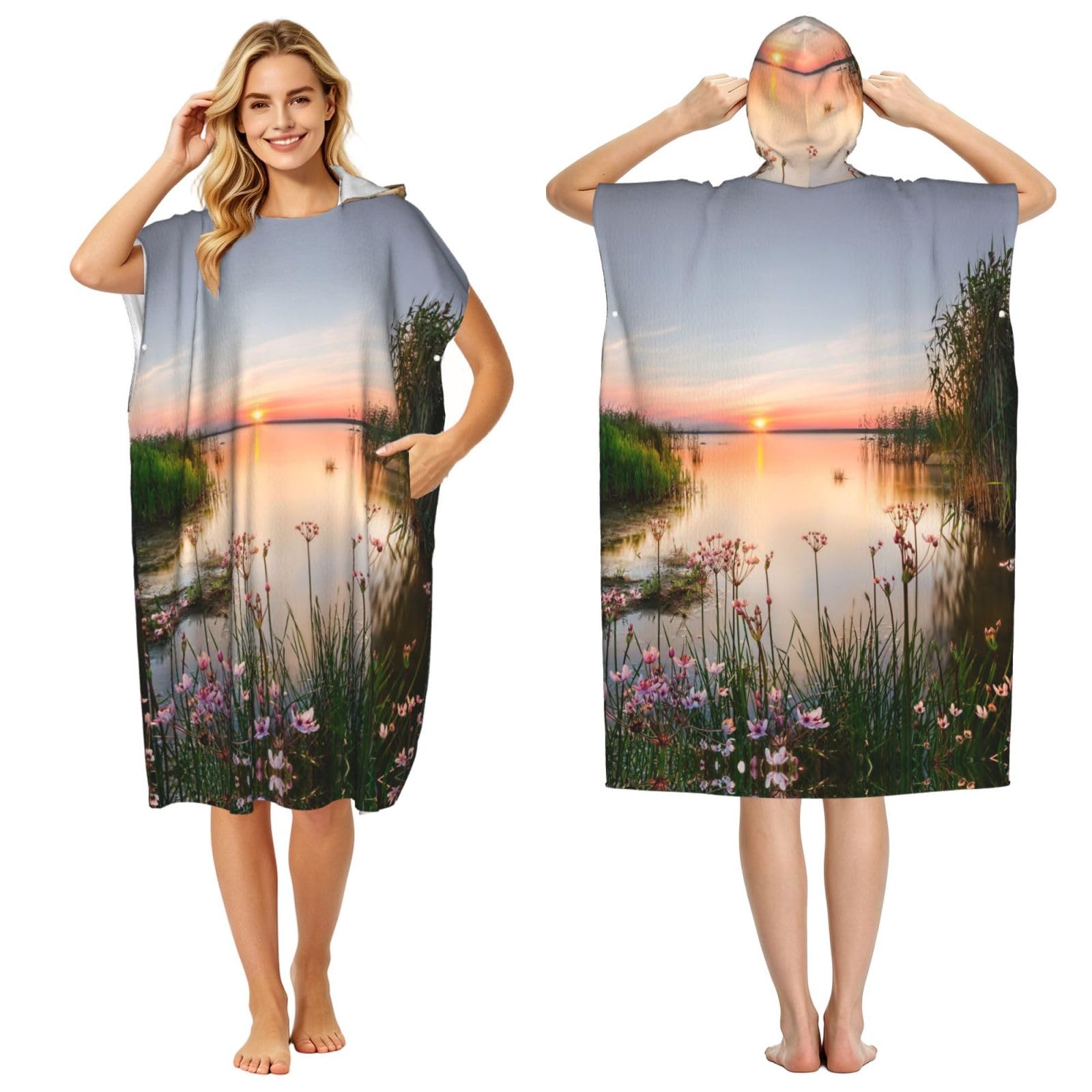 EZDLOWVBA Lake View With Flowers Leaves Print Hooded Poncho Microfiber Beach Towel,Adult Women & Men Changing Robe,Lightweight Summer Surf Swim Bath Poncho Towel