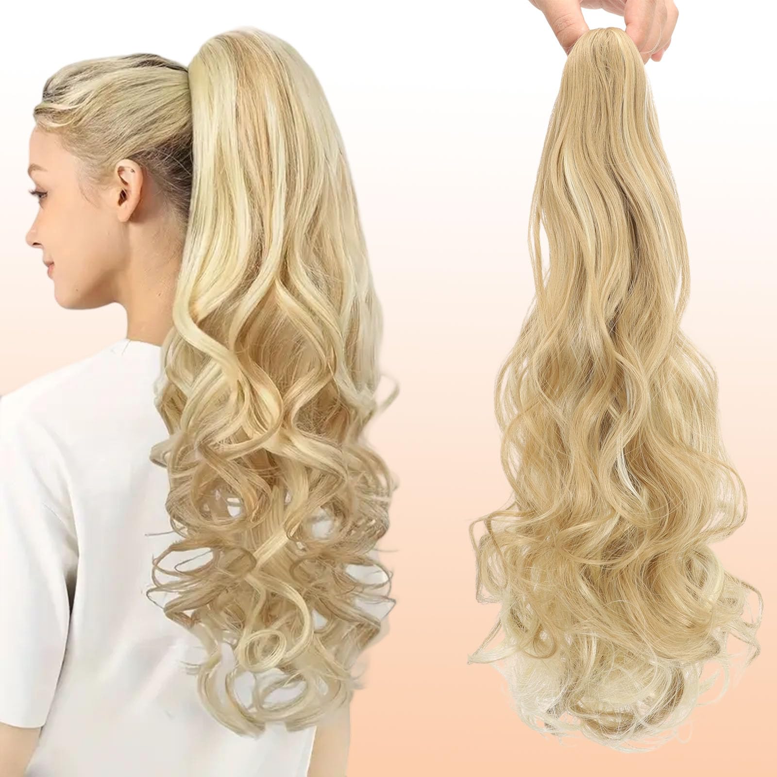 Webshaiy Long Ponytail Extension Claw Clip in Ponytail Hair Extensions Fluffy Loose Wave Synthetic Heat-Resistant Fibers Hair Pieces for Women Daily Use 22 Inch Sandy Blonde & Bleach Blonde