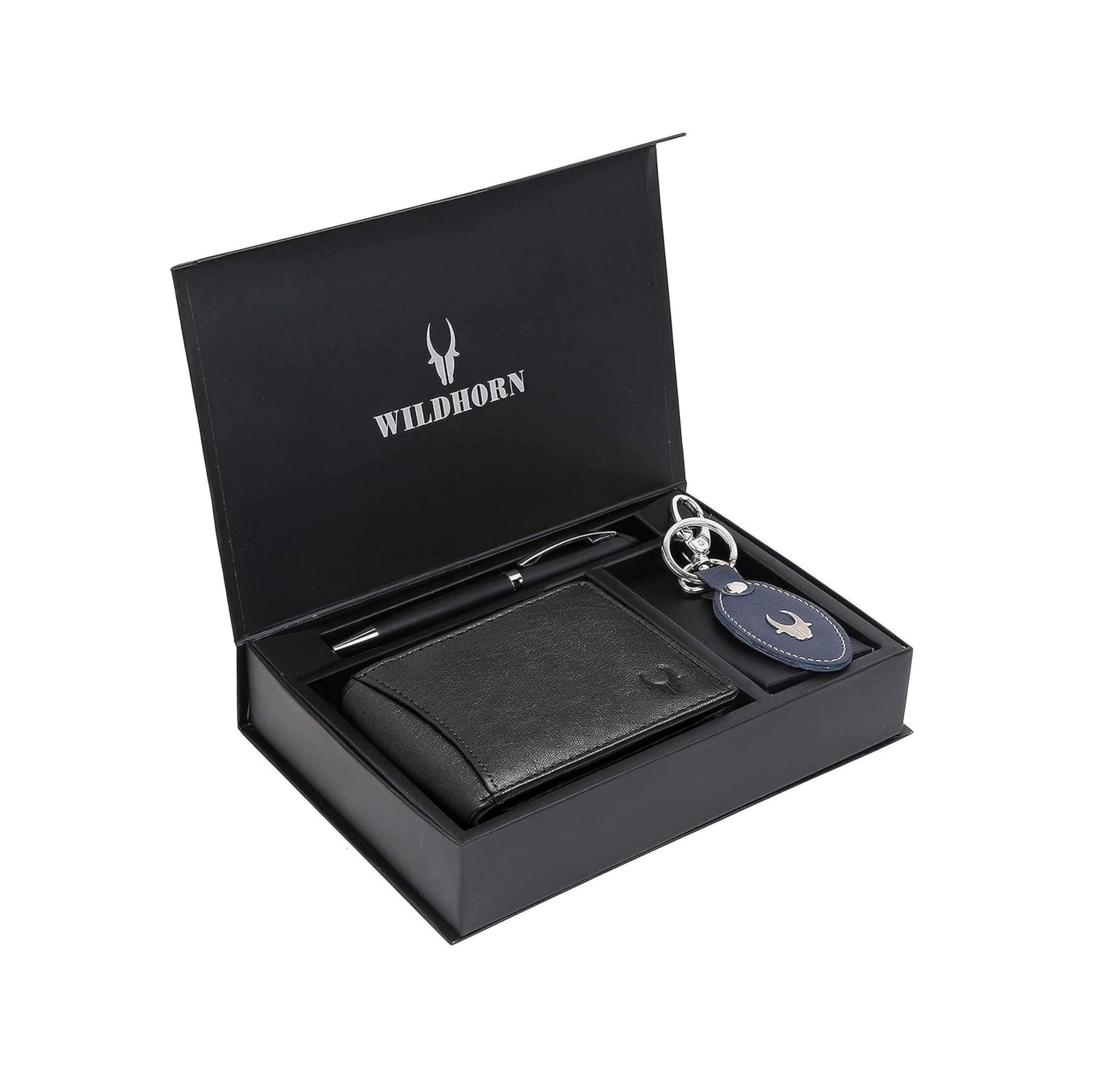 WildHorn Black Leather Men's Wallet, Keychain and Pen Combo Set (GIFTBOXMIX)