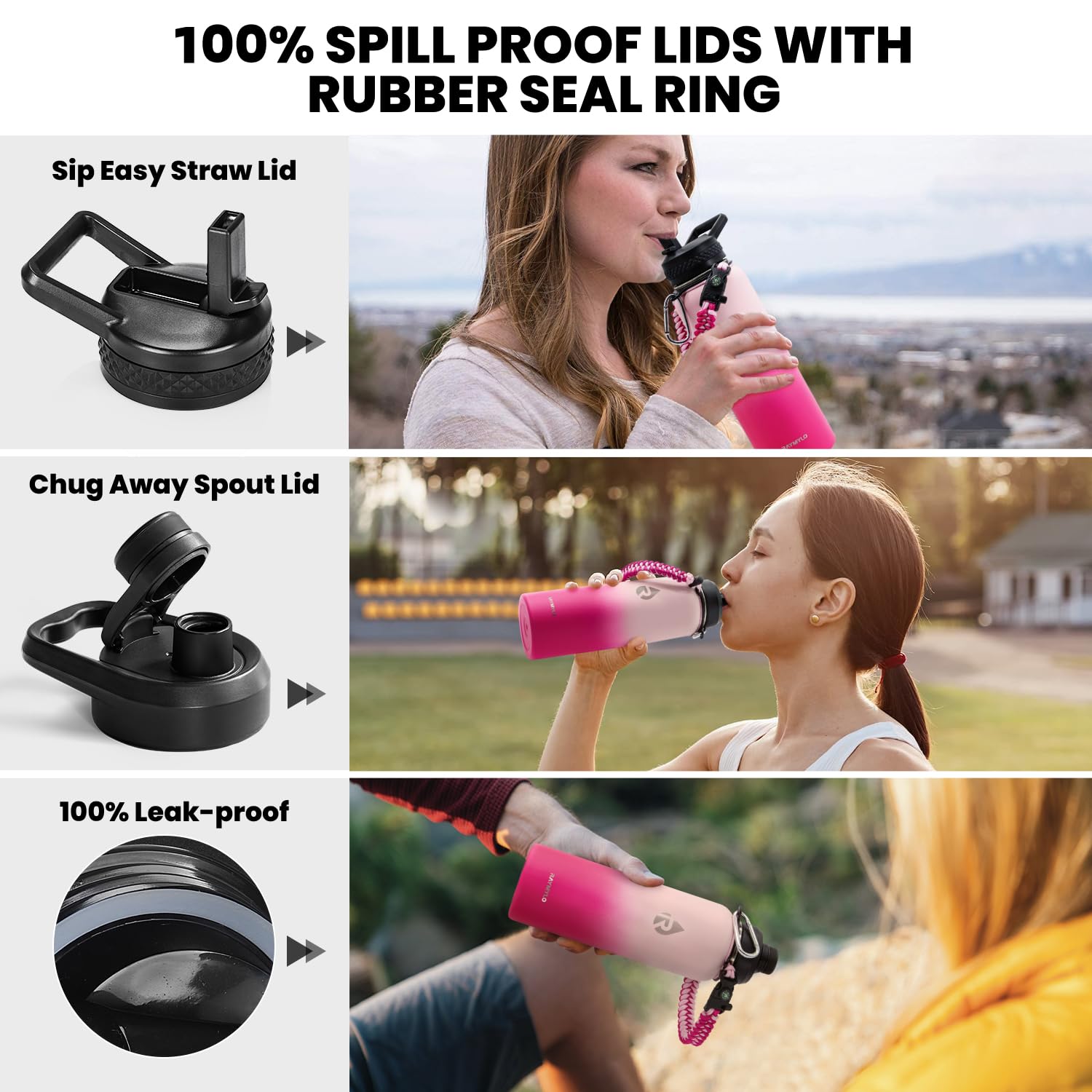 RAYMYLO Insulated Stainless Steel Water Bottle with Straw & Spout Lids - Image 3