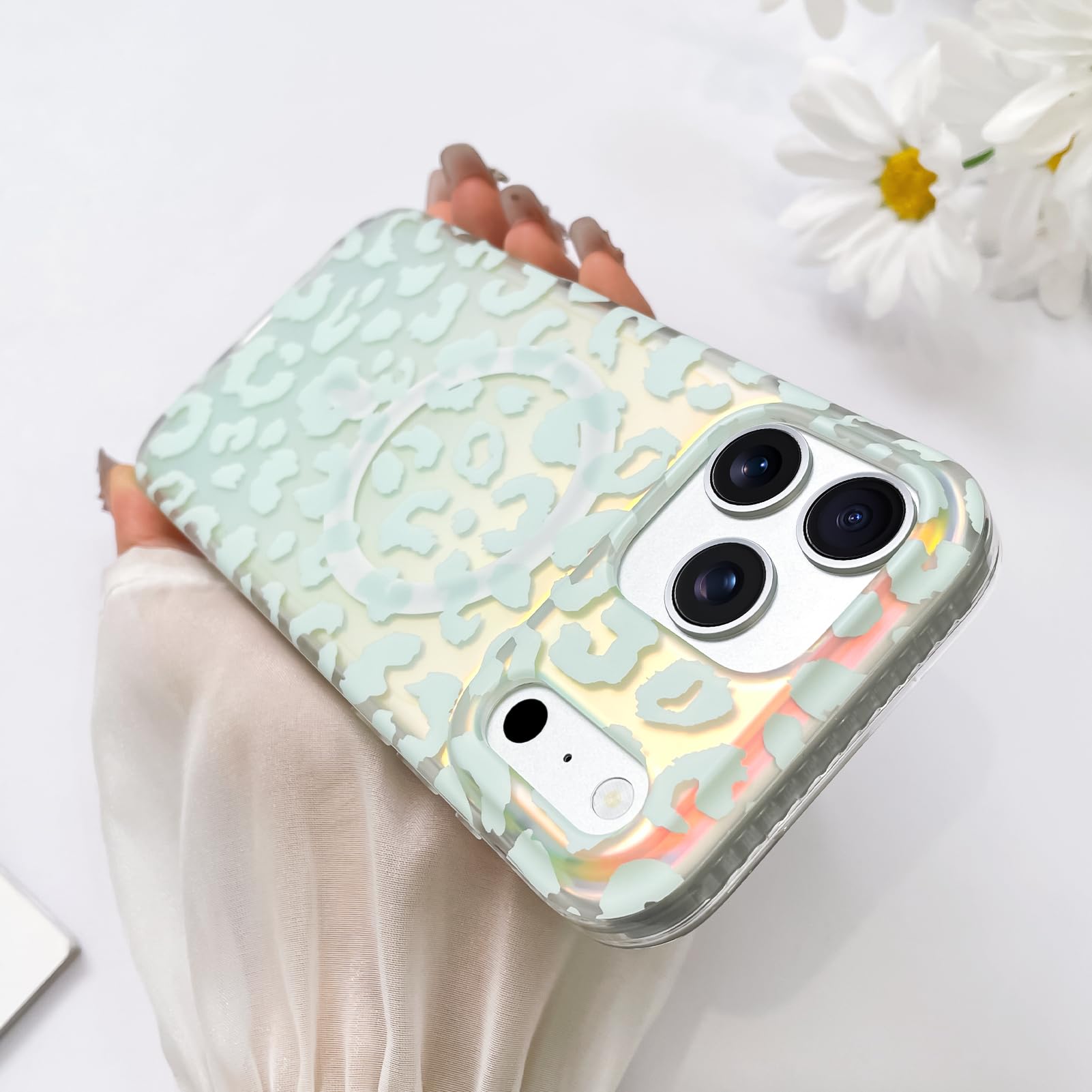 SAKUULO Custodia magnetica iridescente per iPhone 00 Pro, leopardo laser
