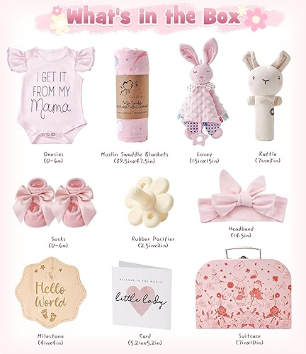 Miniatura 2 de Golray Regalos de baby shower para niñas, cestas de regalo para bebé niña con sonajero, conjunto de mantaenterizo, cosas esenciales para recién