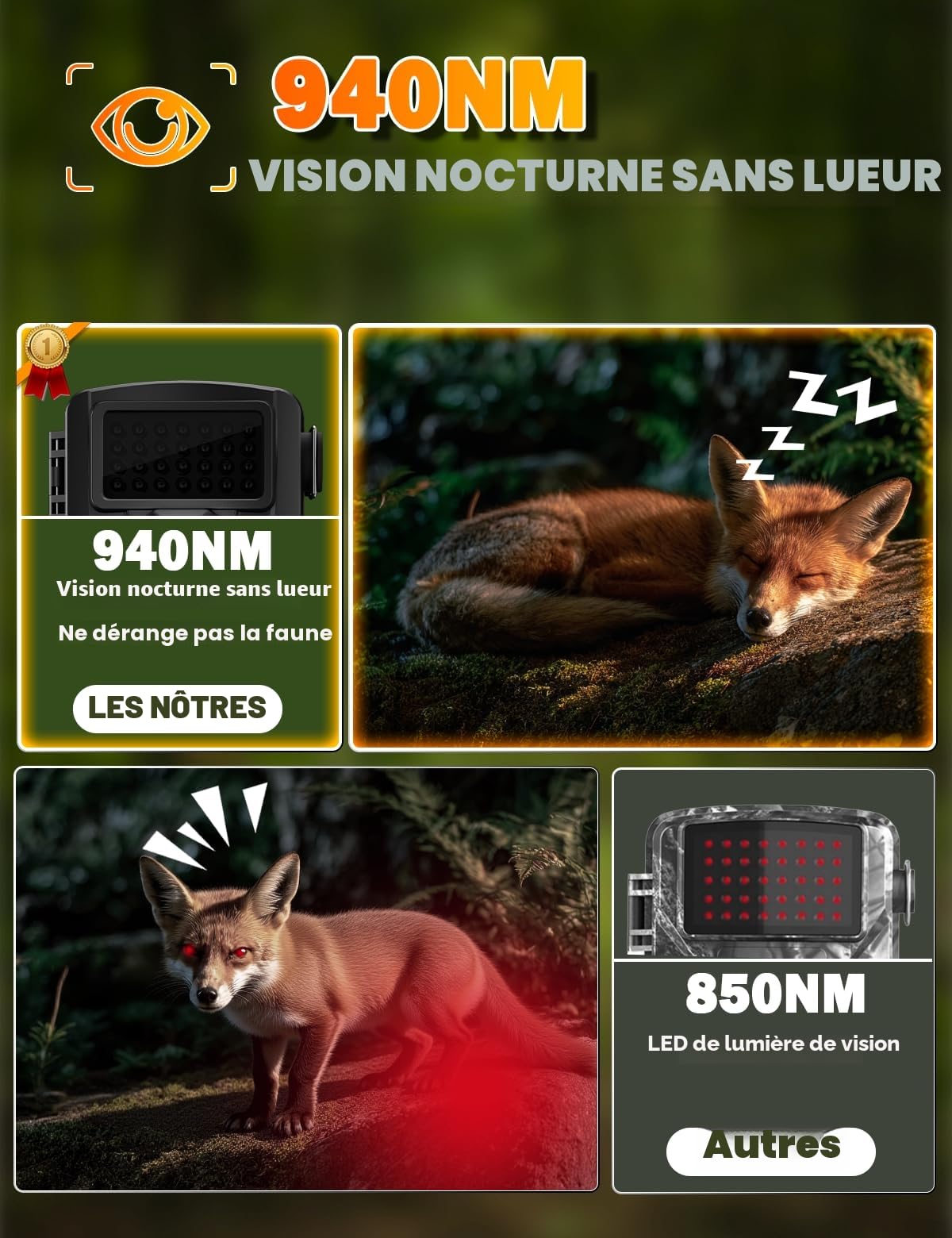 Caméra de Chasse 60MP 4K avec Détecteur de Mouvement Vision Nocturne 940nm IR LED IP66