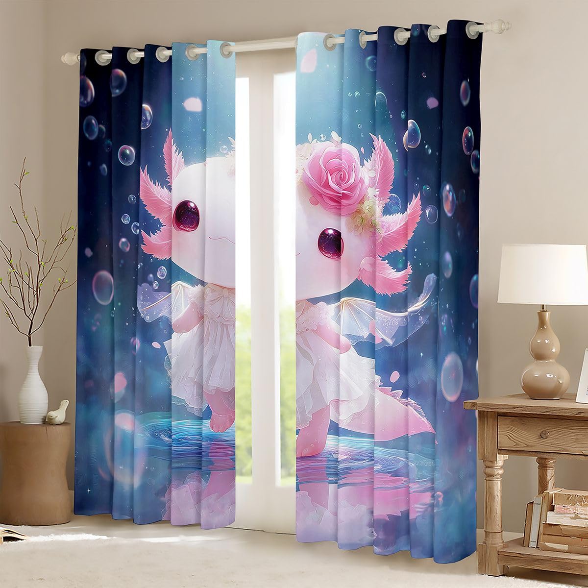 Homemissing Tende oscuranti Princess Axolotl con salamandra in stile cartone animato, tende oscuranti per soggiorno, decorazione per soggiorno, motivo creatura marina, isolamento termico, romantiche