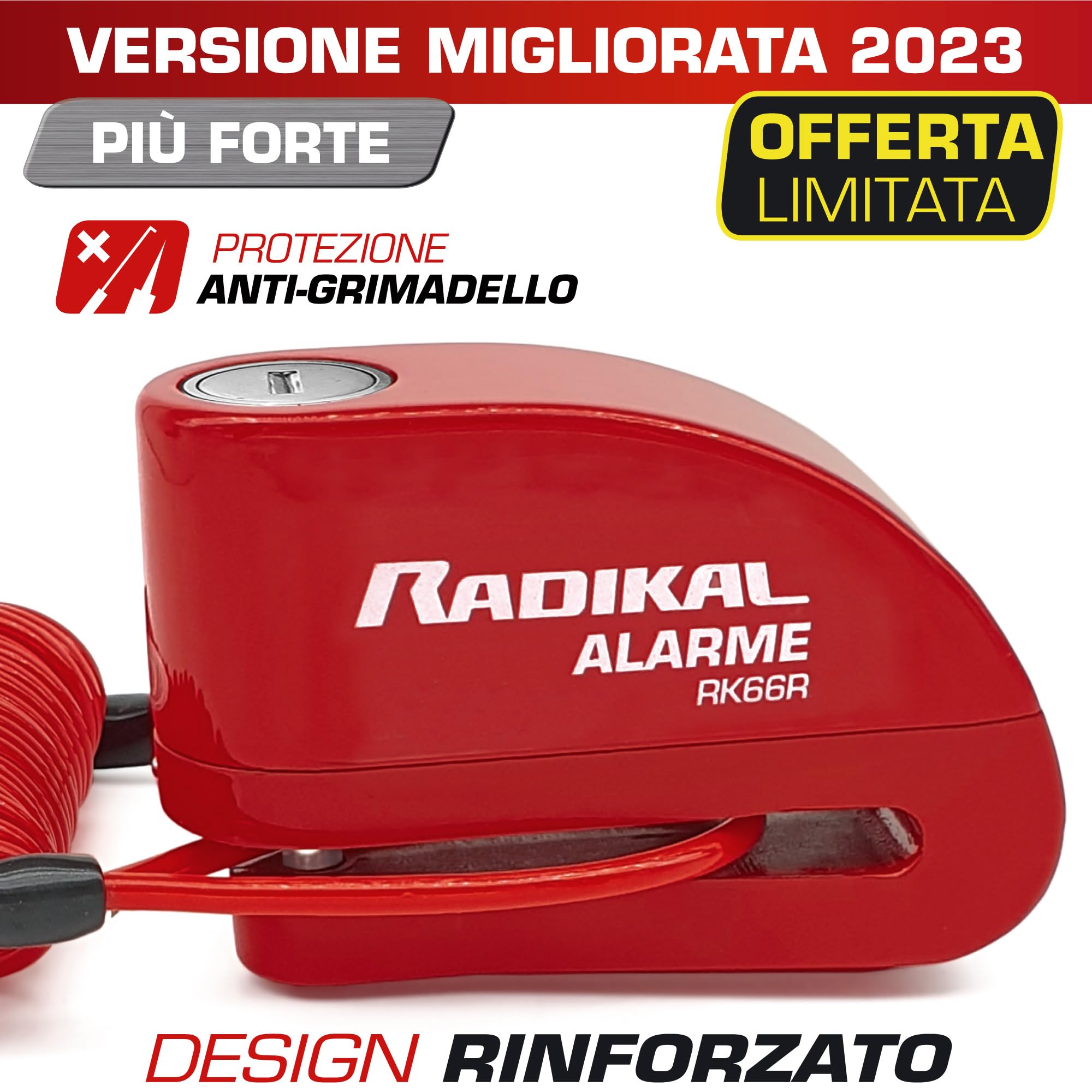 RADIKAL RK66R Bloccadisco Moto Allarme 110dB, Impermeabile, Serratura di Sicurezza Click ø6mm, Universale Scooter, Bicicletta, Cavo Promemoria, Batterie Ricambio, Borsa, Antifurto Blocco Freno Ruota
