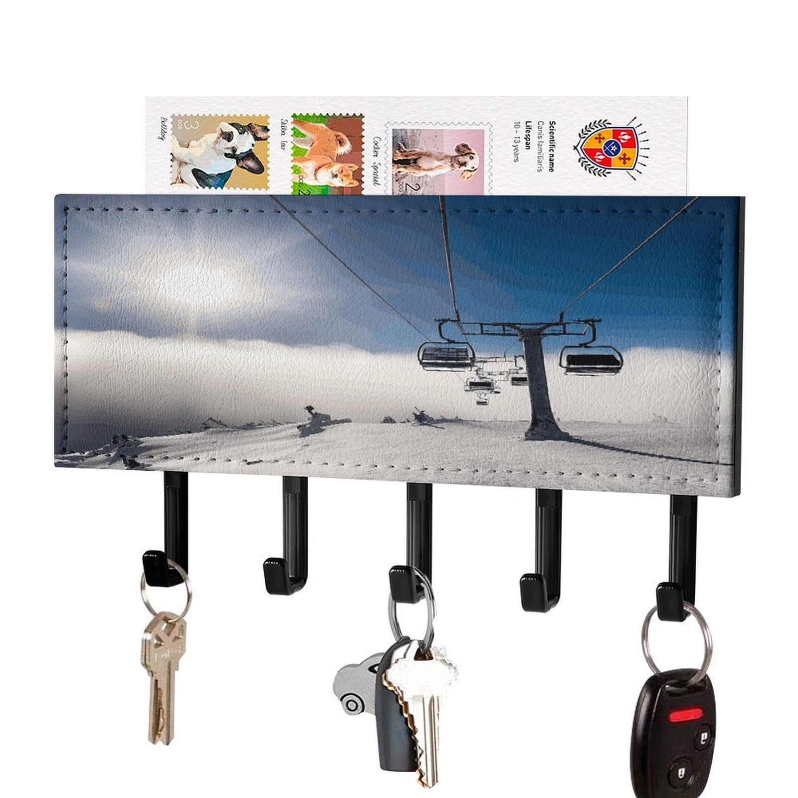 FekiLoot Ski Lift at Sunshine Key Holder for Wall Decorative Mail Organizer with 5 Key Hook Self Adhesive Key Rack with Tray Coat Rack Wall Mount Key Hanger Decor for Entryway Door