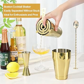 Mwellewm Cocktail Shaker Set,Boston Shaker 15Pc Drink Shaker Bartending Kit | 18OZ & 28OZ Stainless Steel Weighted Shaker Tins, Martini Shaker Mixer, Bar Tools for Professional Beginner,Home & Bar Gold