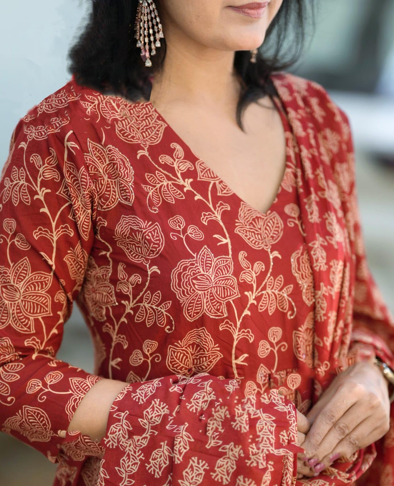 Nermosa Viscose Women Printed Anarkali Kurta And Pant With Dupatta Set (In, Alpha, Xl, Red)