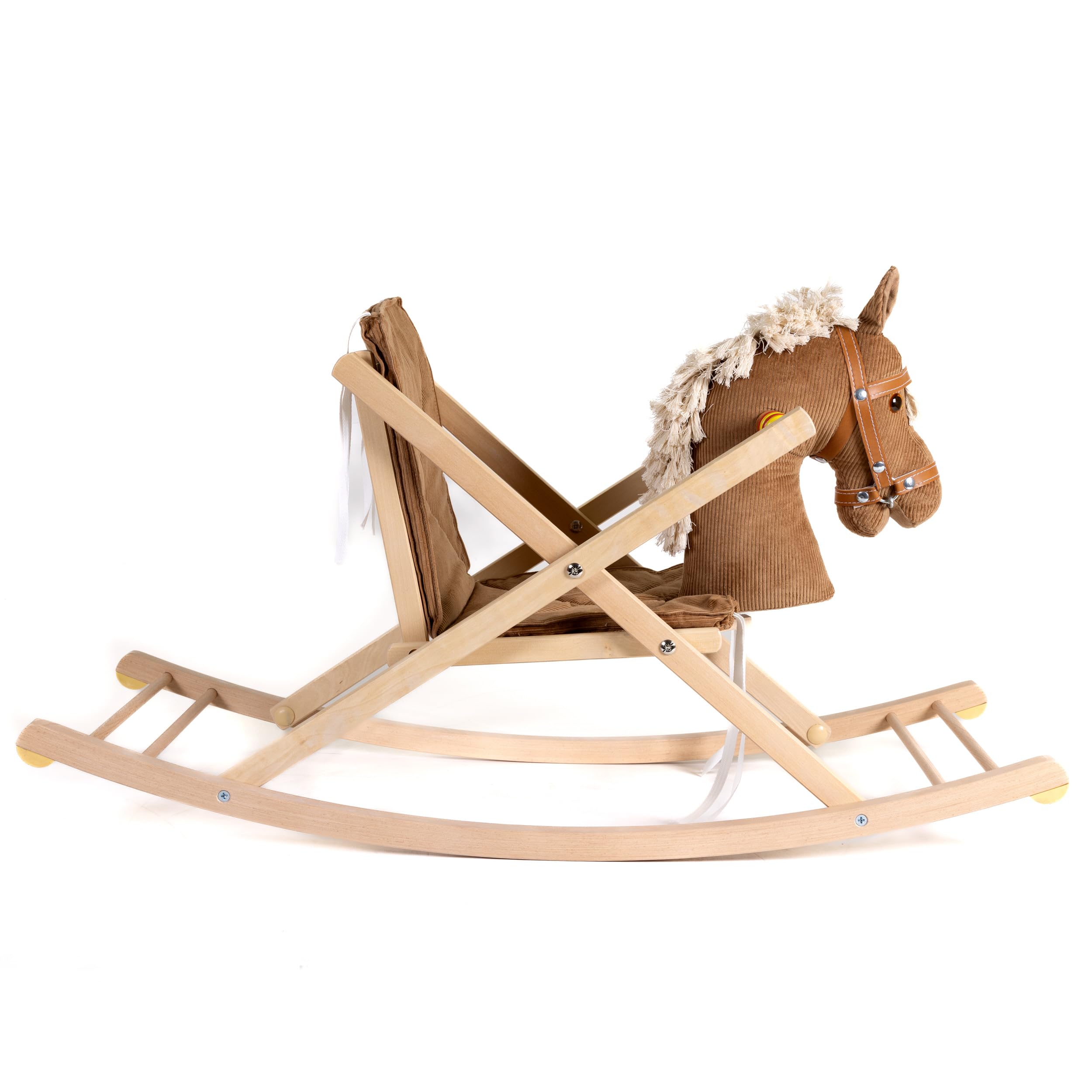 Schaukelpferd Holz mit weichem Cord