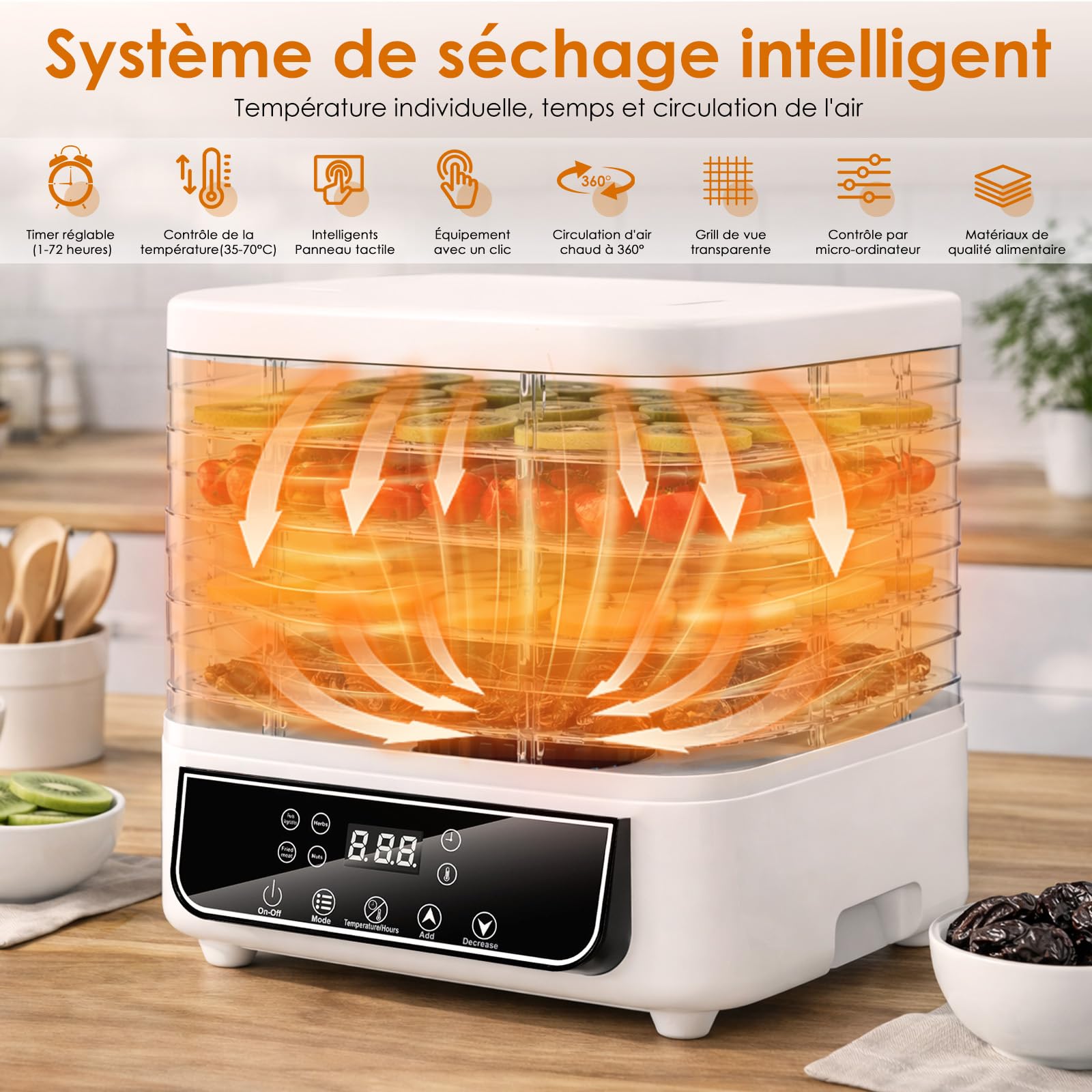 Déshydrateur Alimentaire, Déshydrateur à 5 Plateaux Réglables en Hauteur, Contrôle de Température de 35 à 70°C et Minuterie de 72 Heures, Déshydrateur pour Fruits et Légumes, Sans BPA