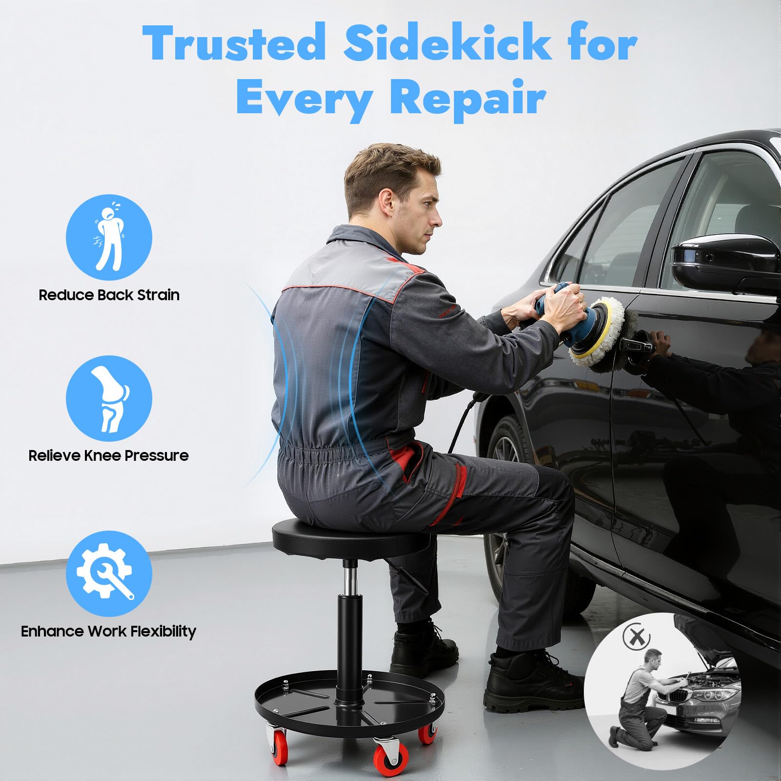 Asiento de taller, taburete de taller con ruedas, bandeja de almacenamiento, rotación de 360°, altura ajustable para reparación de coches, mantenimiento, tiendas, oficinas