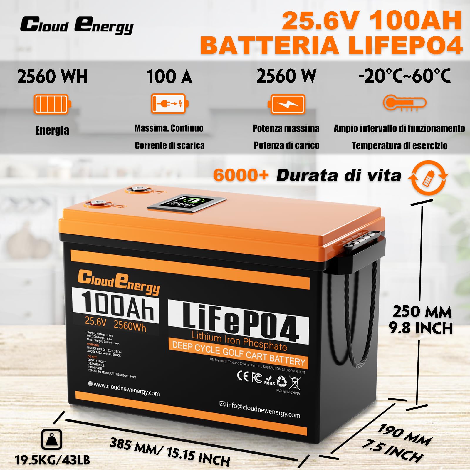 Cloudenergy 25,6 Volt 100Ah LiFePO4 Batteria al litio ferro fosfato con capacità di 2560 Wh, BMS Bluetooth da 100Ah con touchscreen e oltre 6000 cicli per camper, barche e campeggi.