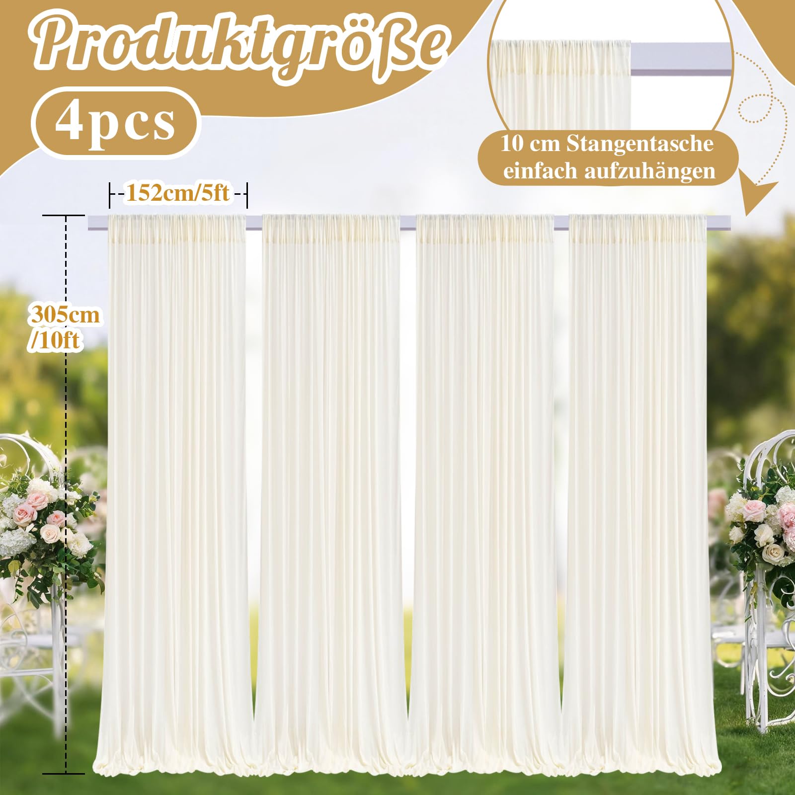 4er Set Elfenbein Chiffon Stoff Hintergrund Vorhang 1,5x3m Tüll Drape für Hochzeitsbogen Standesamt Fotografie Party Deko weiches glattes Tuch