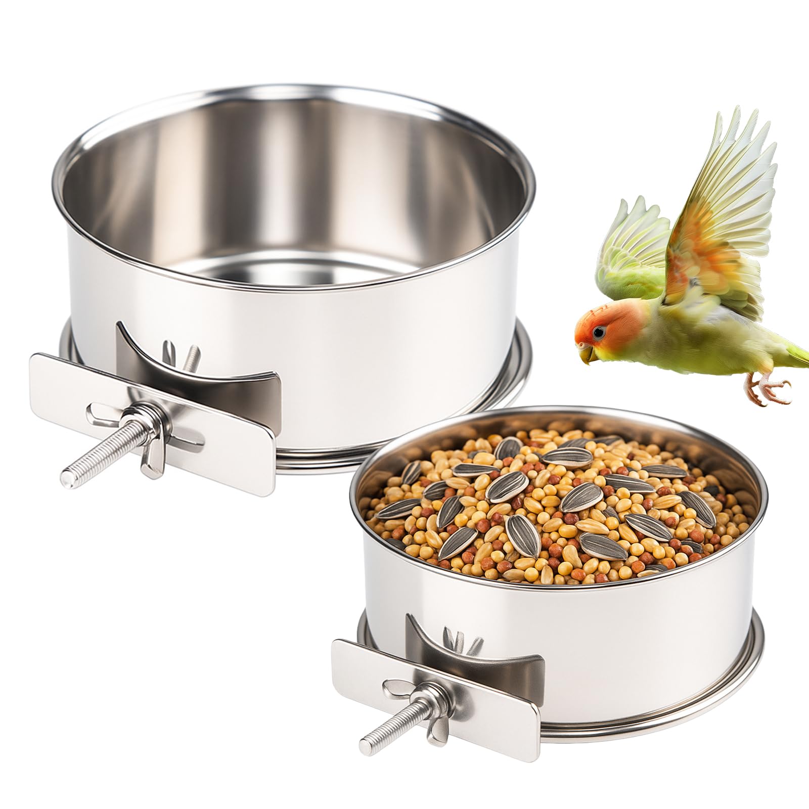 2 Pack Stainless Steel Bird Food Bowl Small Bird Feeding Dish Cups for Cage Parrot Food Bowl Cage with Clamp Holder for Parrots, Cockatiels, Small Animals (S+M)