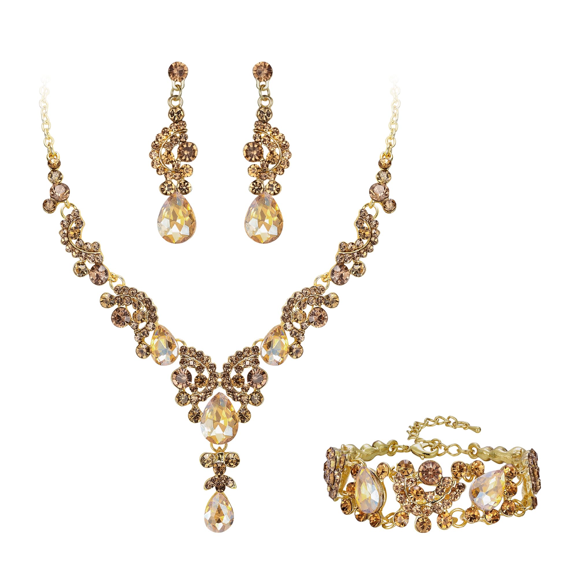 Wedding Jewellery Set for Women, Sparkly Rhinestone Crystal Vintage Floral Teardrop Brides Bridal Necklace Earrings Bracelet Sets Prom Party Costume Jewelry 3 Pcs