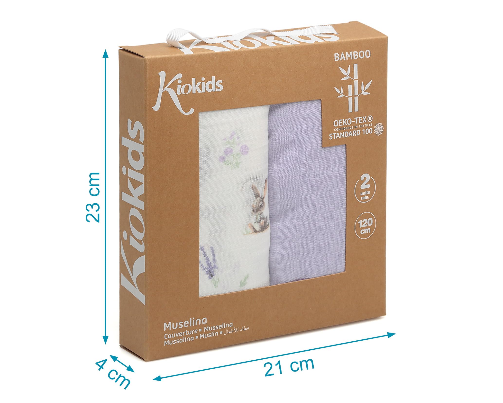 Kiokids | Set 2 Mussole, Coniglietti e Lavanda | Collezione Petit Moments | 70% bambù e 30% cotone | Ultra morbido | Antibatterico e termoclimatico | Protettore UV |+0 mesi | 120x120cm