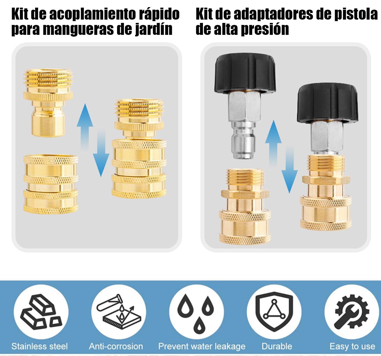 8 Pcs Adaptadores para Lavadora a Presión, Adaptadores de Lavadora a Presión, Kit de Accesorios de Manguera de Desconexión Rápida, M22 a 3/8'' Kit de Adaptador de Arandela, 5000 PSI