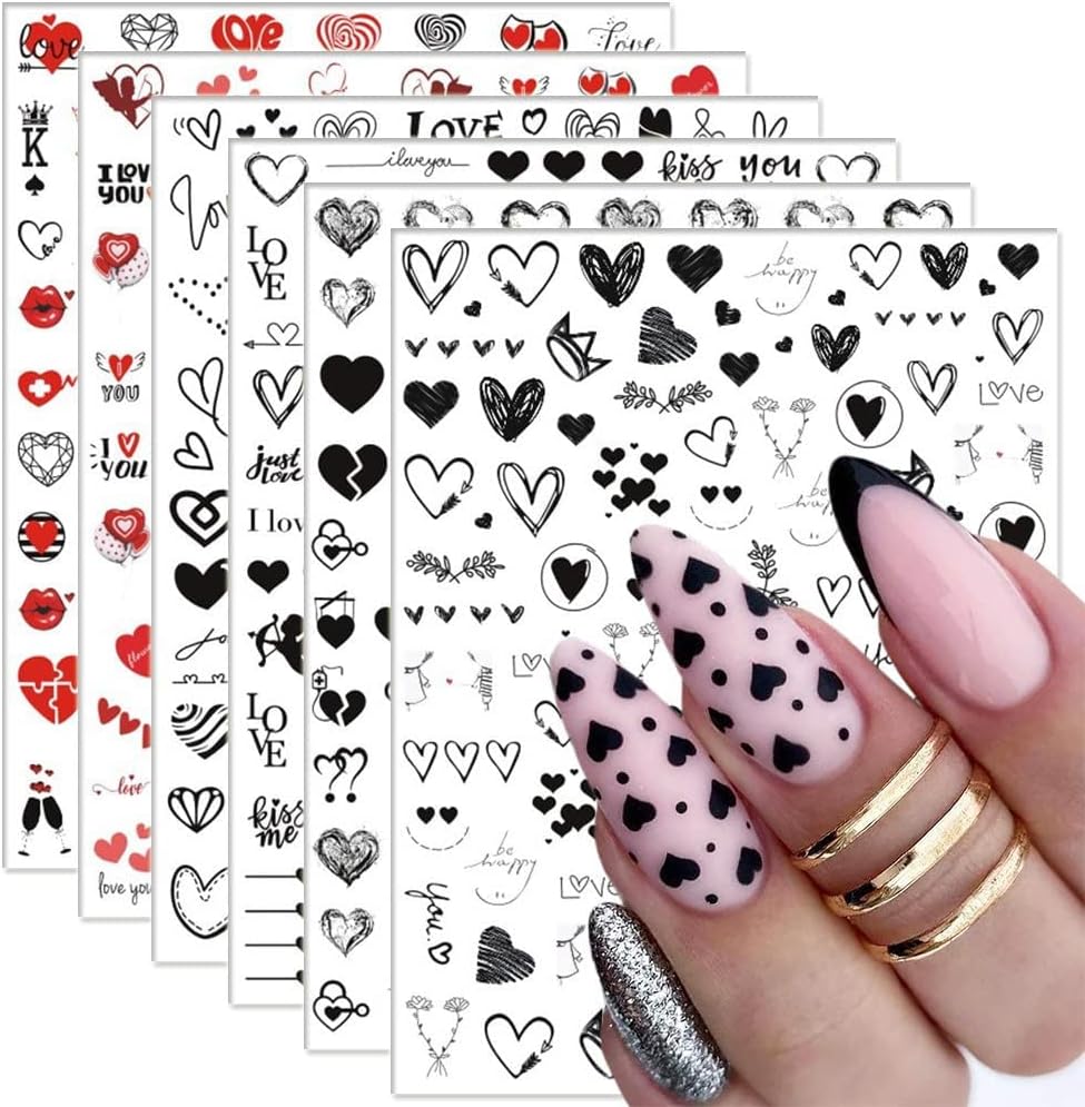 SONGJIE6 Sheets Valentines Day Nail Art Stickers Decals Heart Nail Accessories Black Heart Love Lips 3D Self-Adhesive Slider Nail Decals Red Heart Love Angel Cupid Nail Designs DIY Manicure Decorations