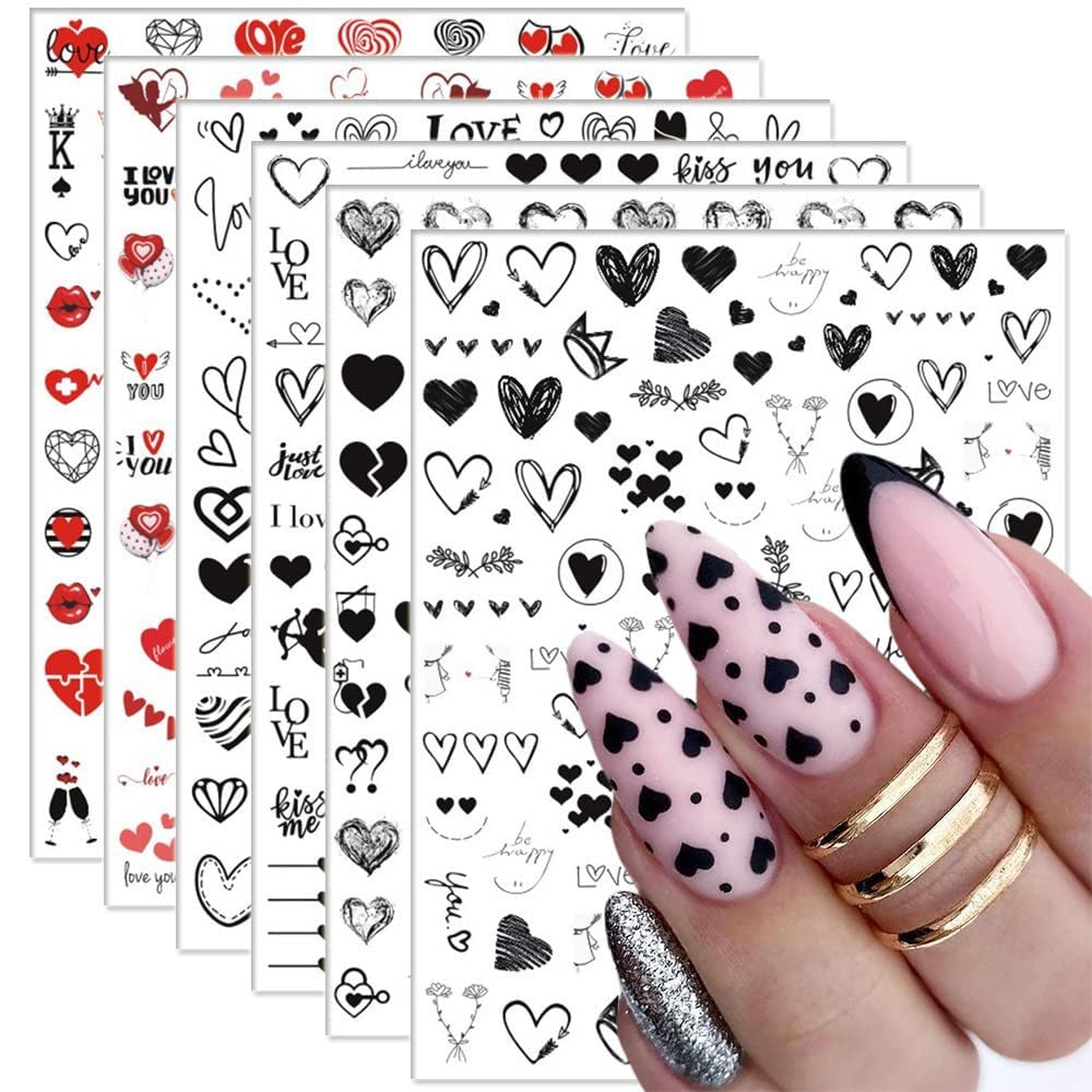 SONGJIE6 Sheets Valentines Day Nail Art Stickers Decals Heart Nail Accessories Black Heart Love Lips 3D Self-Adhesive Slider Nail Decals Red Heart Love Angel Cupid Nail Designs DIY Manicure Decorations