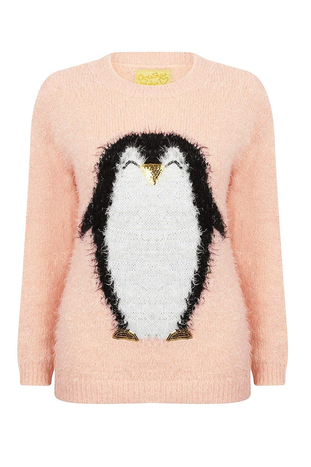 Christmas Wishes Ladies Xmas Jumpers - Penguin - Pink - X Large