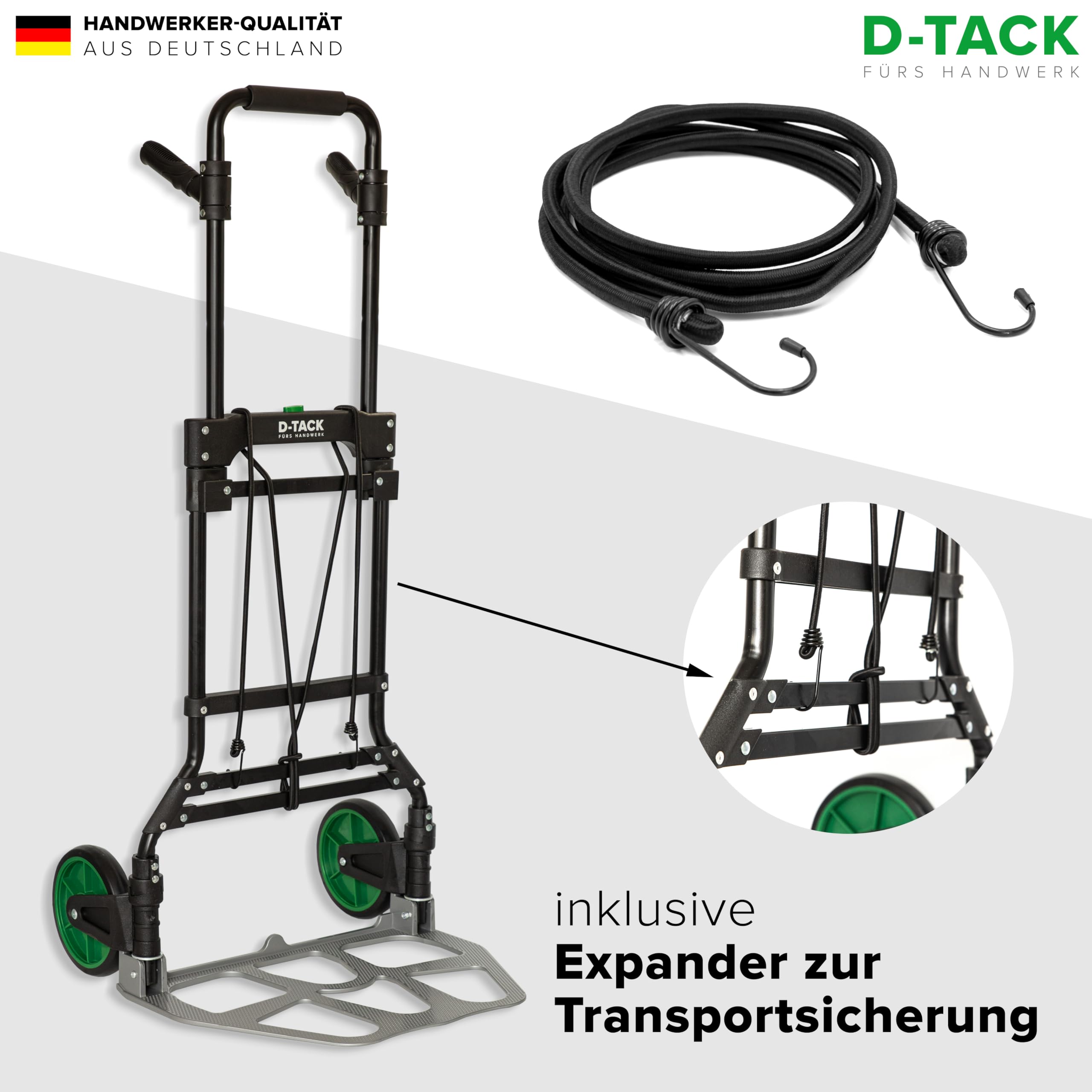 D-TACK Sackkarre aus Aluminium-Stahl | Traglast 150 kg | Teleskopgriff 110 cm | Mit 2 gummiummantelten, einklappbaren Rädern | Klappbare Transportkarre | Hochwertige Handkarre