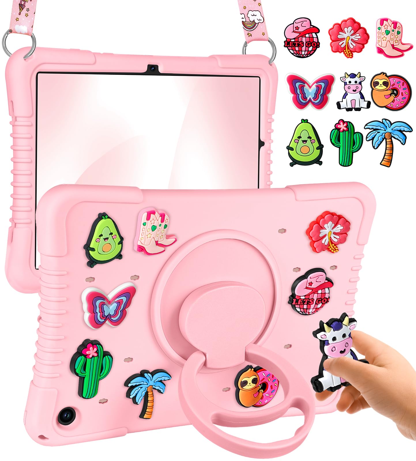 Wazzasoft Cute for Samsung Galaxy Tab A9 Plus Case - with Shoulder Strap & 360 Degree Rotating Stand Fen Girls Kawaii Funny DIY Accessories Fun Soft