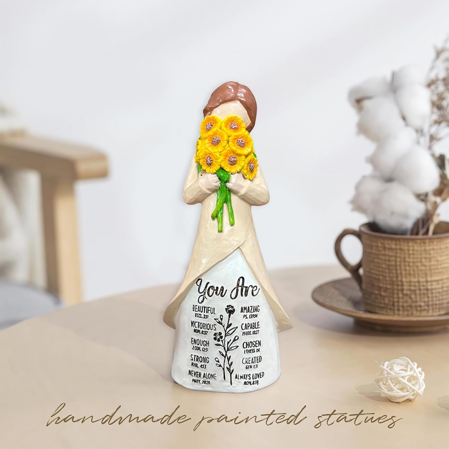Christian Figurine for Women – “You are” Sunflower Resin Doll with Bible Verses – Hand-Painted Spiritual Statue Decor – Religious Faith Gift for Women – Home & Church Christmas Keepsake