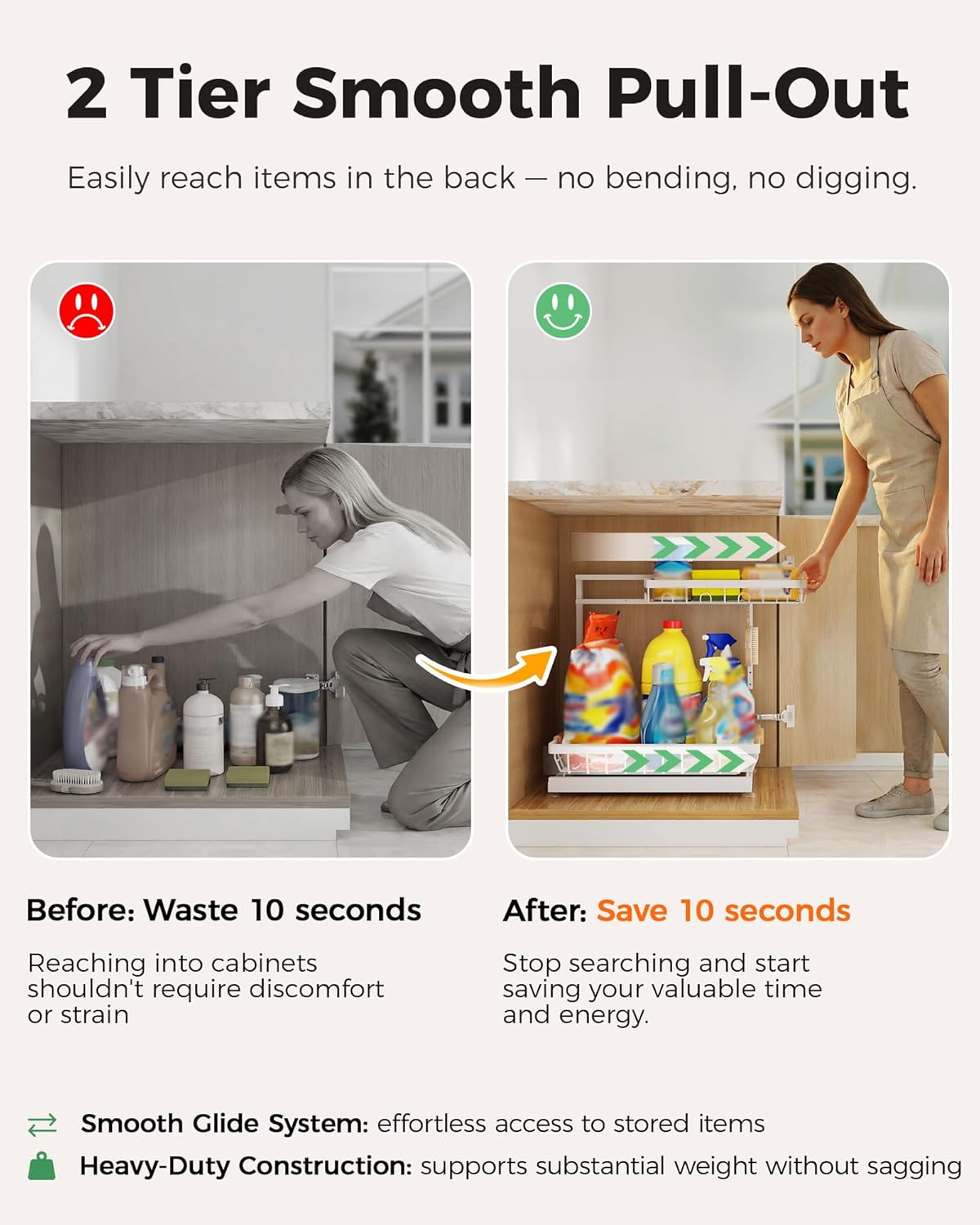 3 Pack Under Sink Organizer, Multi-Purpose 2 Tier Pull-Out Metal Under Kitchen Sink Organizer, Height Adjustable Storage Shelves for Kitchen Bathroom Cabinet (White)