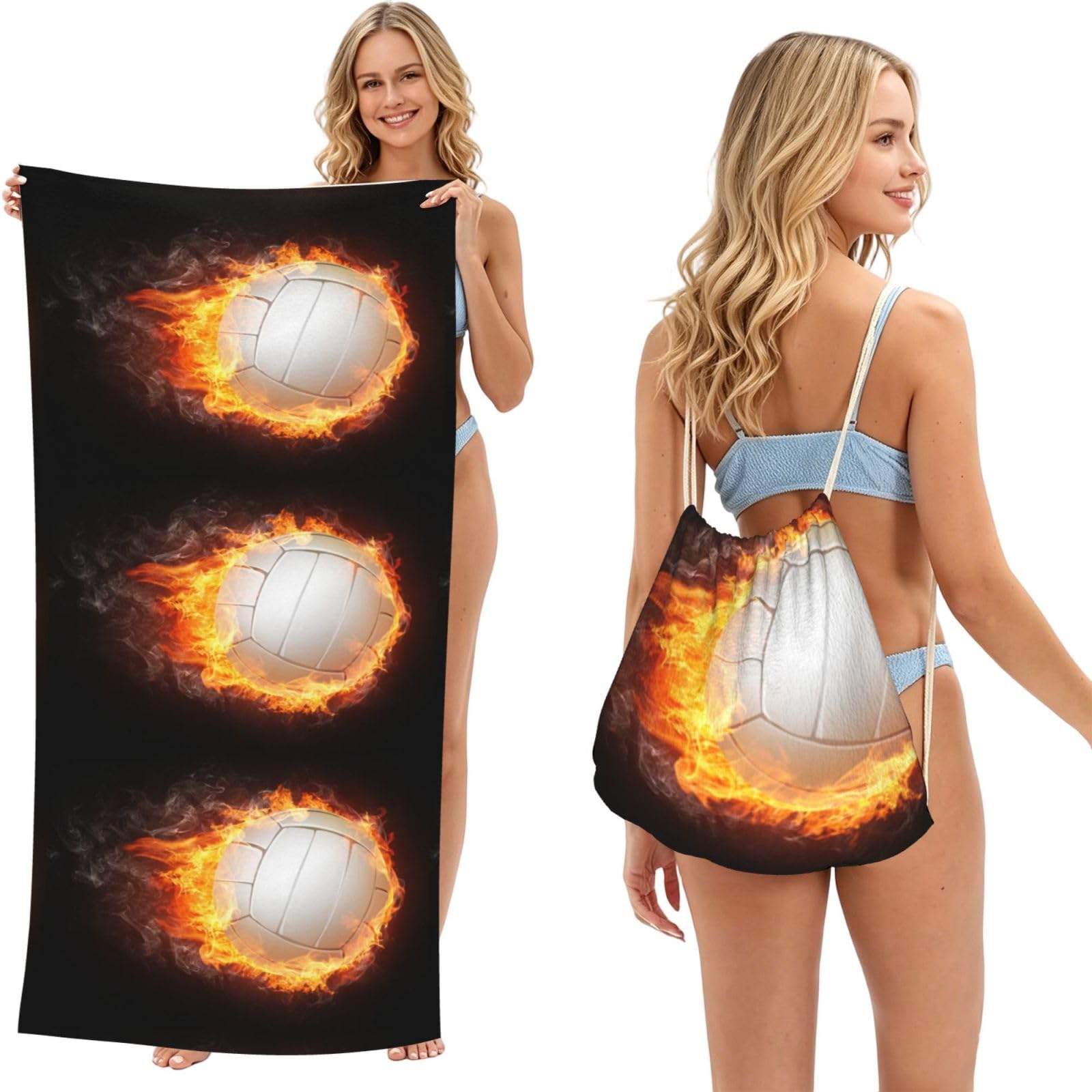 Poadnly As Picture Cool Fire Flame Volleyball Ball, 2 In 1 Packable Towel Bag, Beach Towels With Drawstring Backpack For Travel Holiday Camping