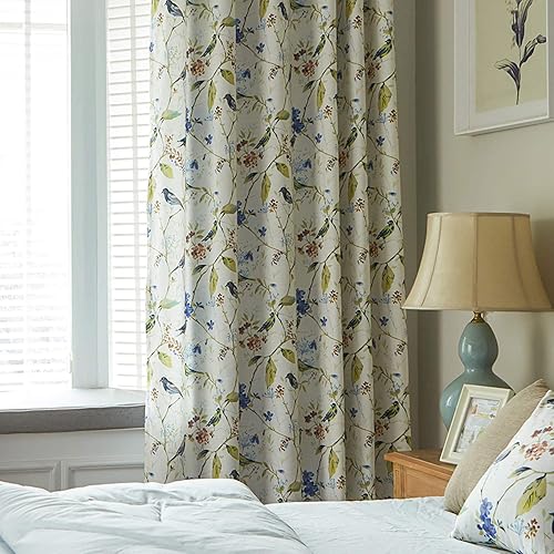 VOGOL Juego de cenefa y cortinas con diseño de pájaros naturales y flores impresas elegantes cortinas de ventana para decoración de sala de estar y
