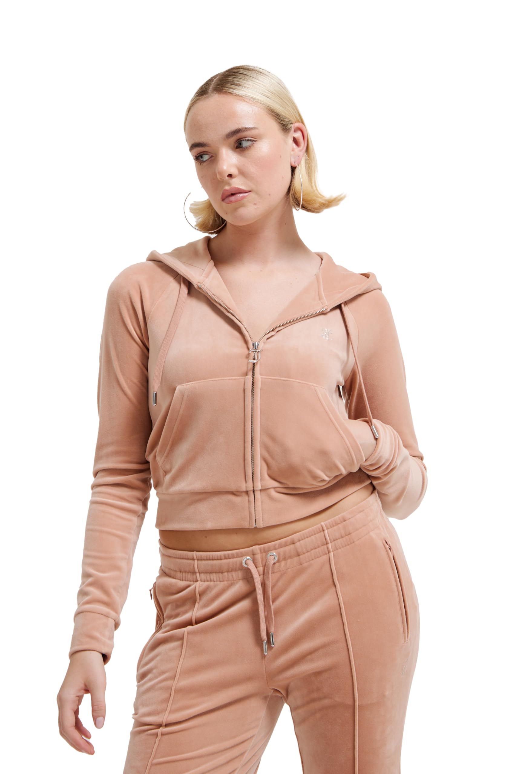 Klasyczna welurowa bluza z kapturem z logo Juicy, Café Au Lait, M