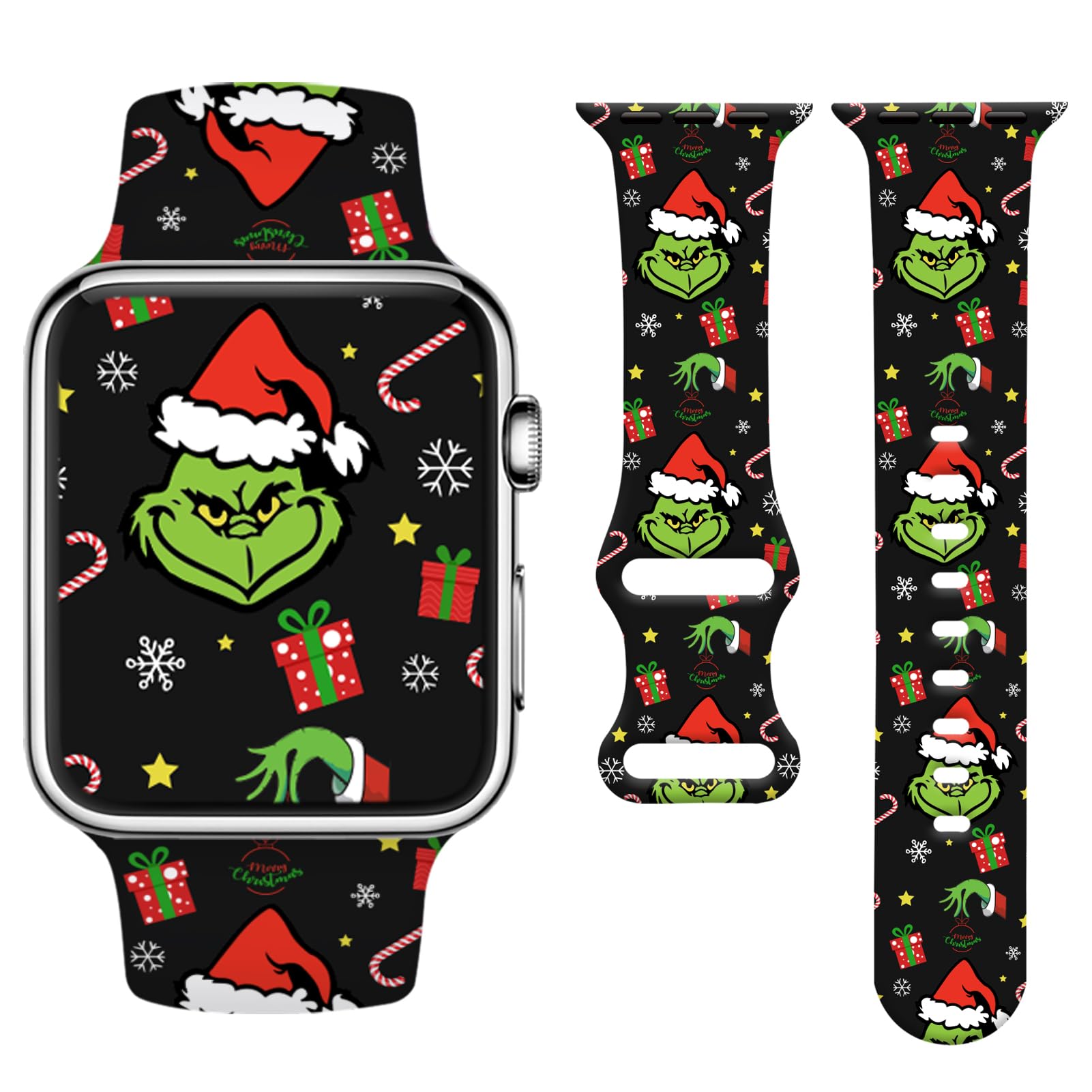 Watbro Christmas Watch Band Compatible with Apple Watch 38mm 40mm 41mm Women Men,Soft Silicone Cute Sport Strap Design for Apple Watch Ultra iWatch Series 8 7 6 5 4 3 2 1 SE Band,Grinch Black