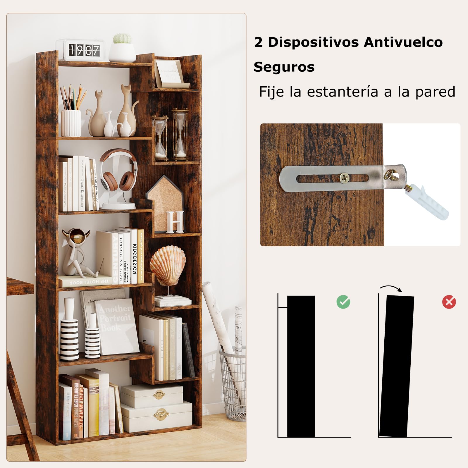GOPLUS Librería de Madera de 6 Niveles, Estantería Alta con Sistema Antivuelco, Separador de Ambientes Independiente, Soporte de Exhibición para Dormitorio y Oficina (Marrón Rústico)