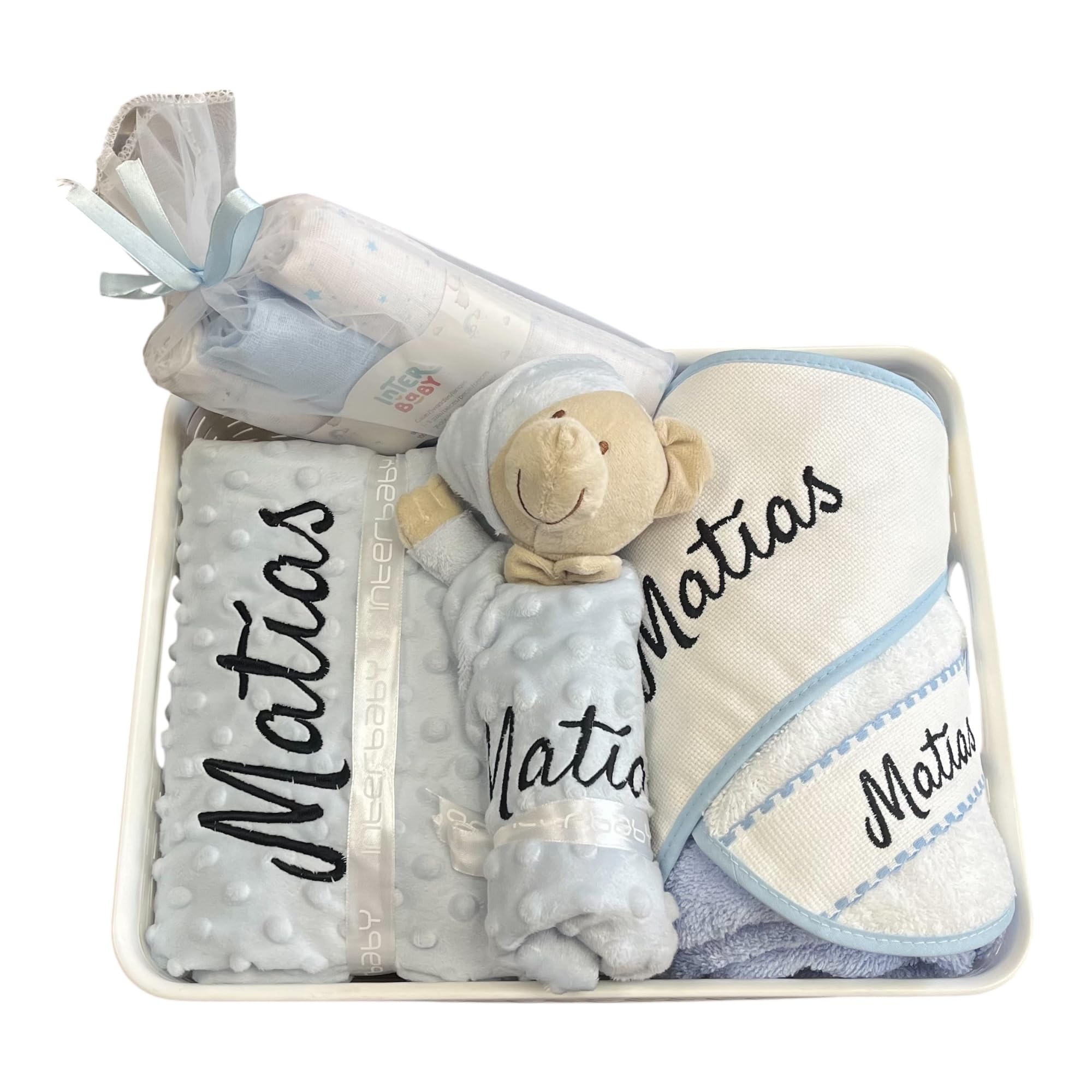 Danielstore - Canastilla Bebé Personalizada | Manta y Dou Dou con Nombre | Toalla de Baño y Babero Bordados | Pack 3 Gasas | Cesta para Recién Nacidos