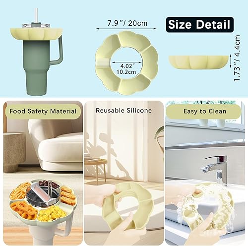 Miniatura 2 de Marspeeder Cuenco de aperitivos para vaso Stanley, bandeja dividida reutilizable con 5 compartimentos, soporte portátil para bandeja de aperitivos