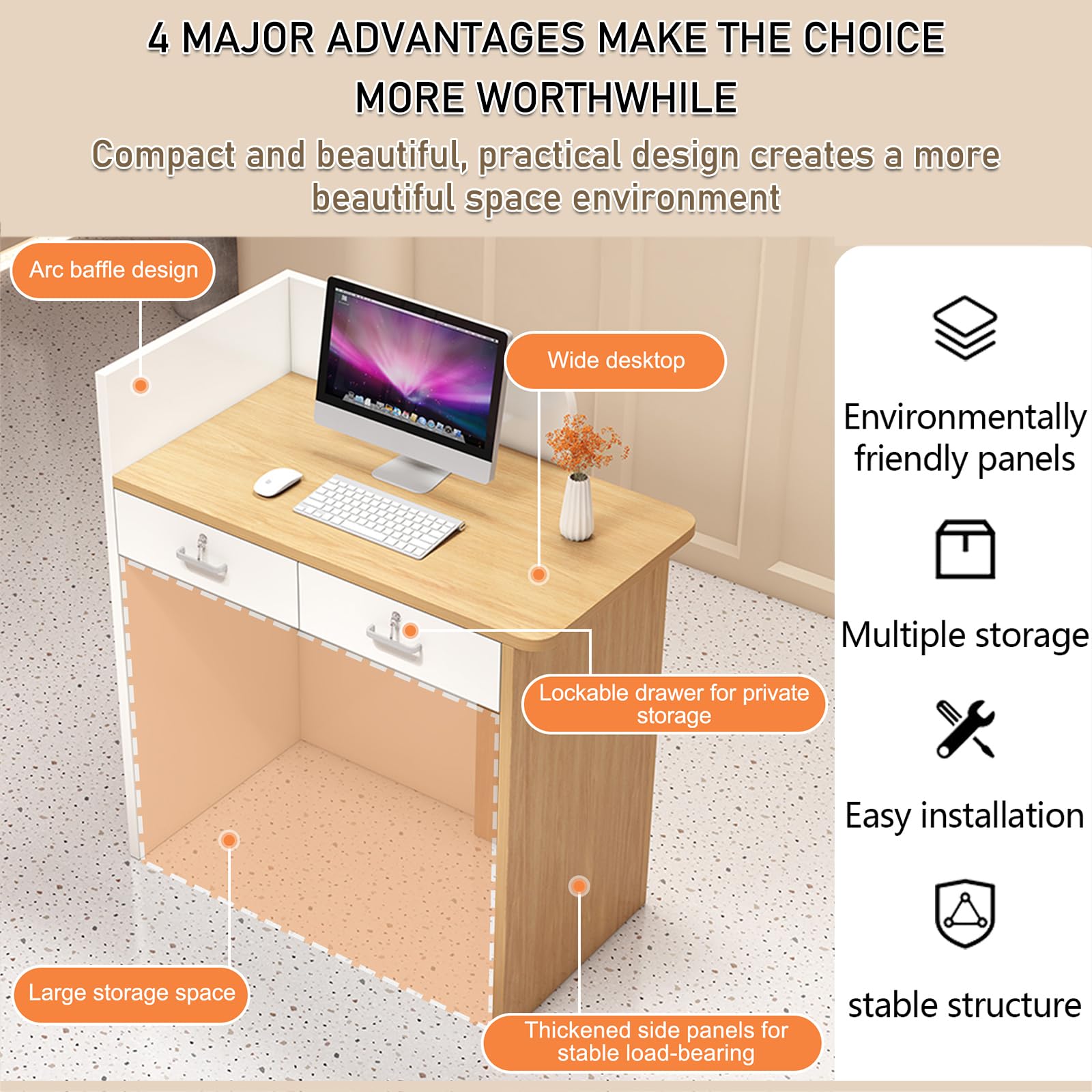 Bancone Reception Moderno In Legno Con Cassetti E Spazio Di Armadietto, 60-200cm Cassa Banco Negozio, Accoglienza Per Salone Di Bellezza, Hotel, Ufficio E Sale Aziendali, Dimensioni E Colori A Scelta